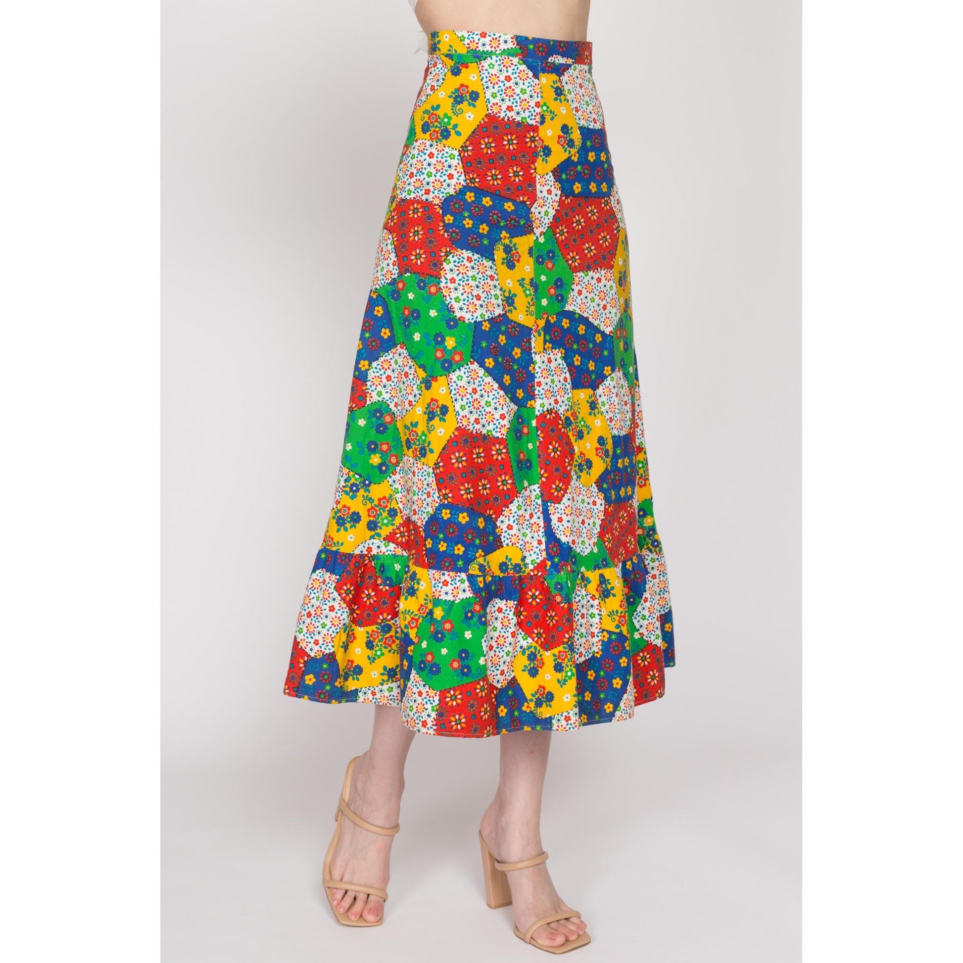 XS 70s Boho Floral Patchwork Midi Skirt | Vintage Colorful A Line Ruffle Trim Hippie Skirt