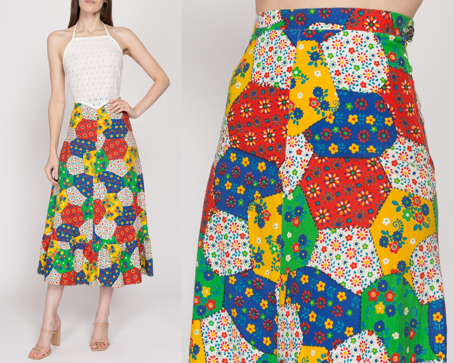 XS 70s Boho Floral Patchwork Midi Skirt | Vintage Colorful A Line Ruffle Trim Hippie Skirt