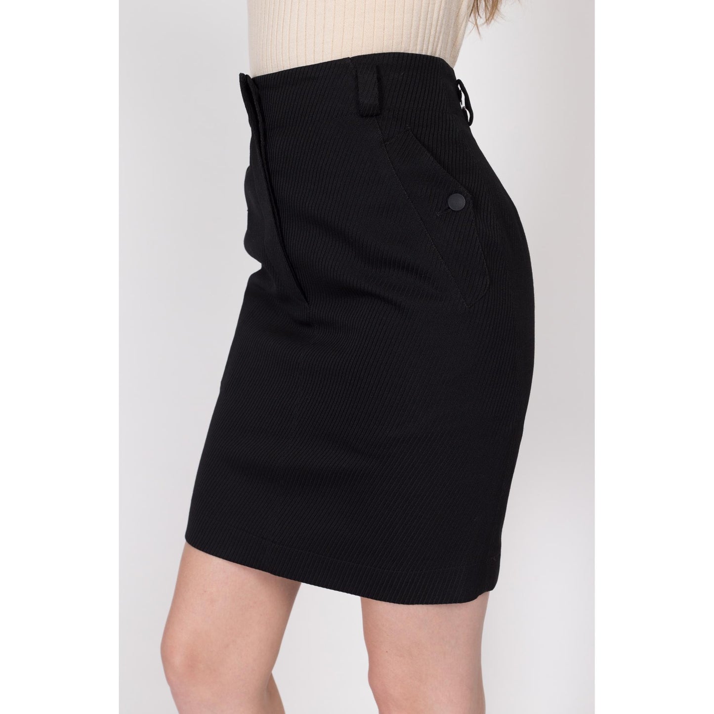 XS 90s Azzedine Alaia Paris Black Mini Pencil Skirt 24.5" | Vintage Designer High Waisted Ribbed Button Pocket Fitted Skirt