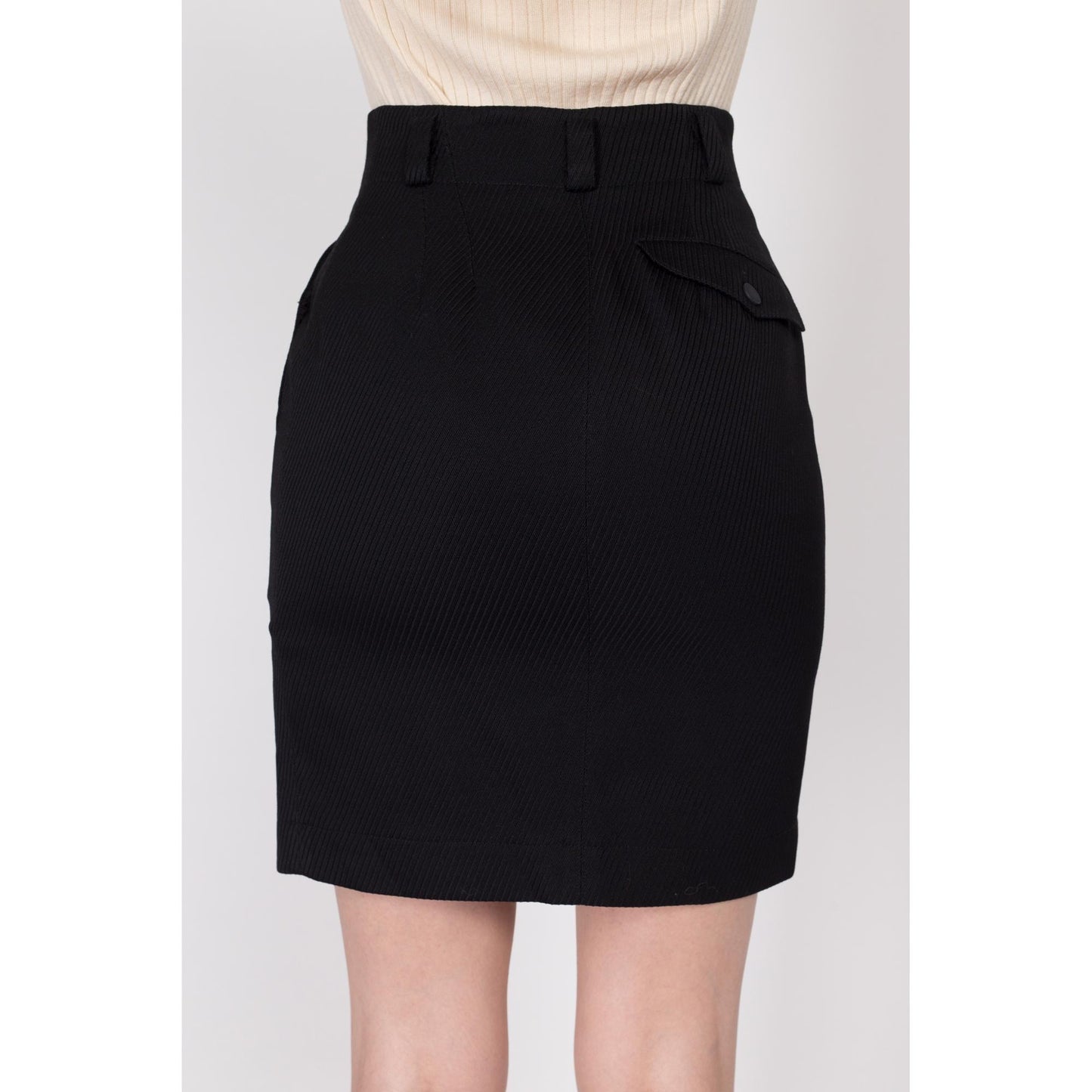 XS 90s Azzedine Alaia Paris Black Mini Pencil Skirt 24.5" | Vintage Designer High Waisted Ribbed Button Pocket Fitted Skirt
