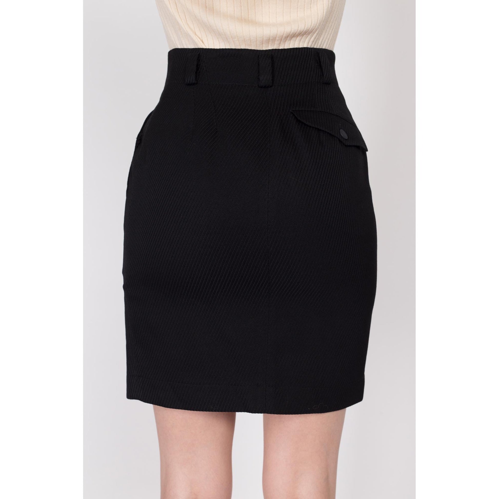 XS 90s Azzedine Alaia Paris Black Mini Pencil Skirt 24.5" | Vintage Designer High Waisted Ribbed Button Pocket Fitted Skirt