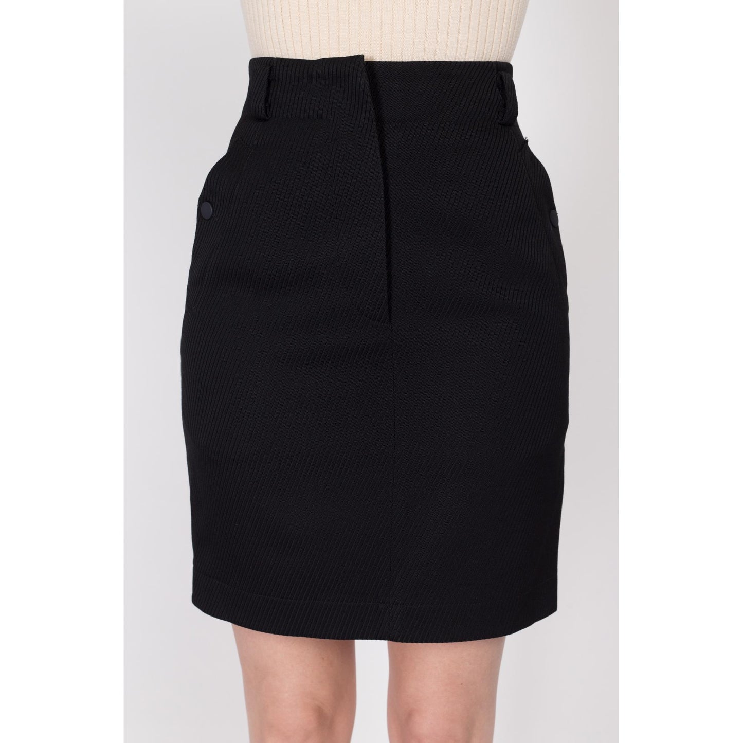 XS 90s Azzedine Alaia Paris Black Mini Pencil Skirt 24.5" | Vintage Designer High Waisted Ribbed Button Pocket Fitted Skirt
