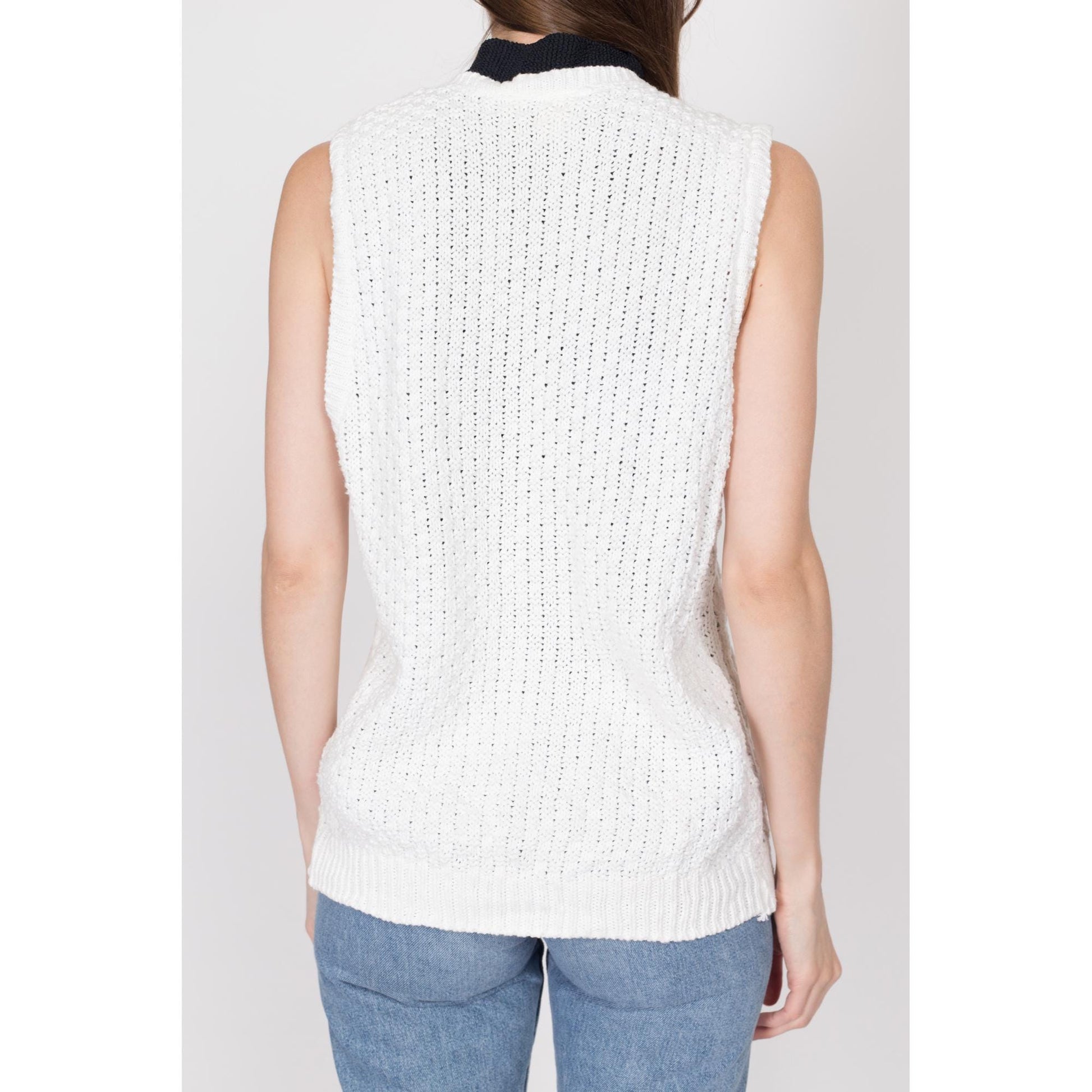 Medium 80s White Cotton Cable Knit Sweater Vest | Vintage Boho Button Up Sleeveless Cardigan