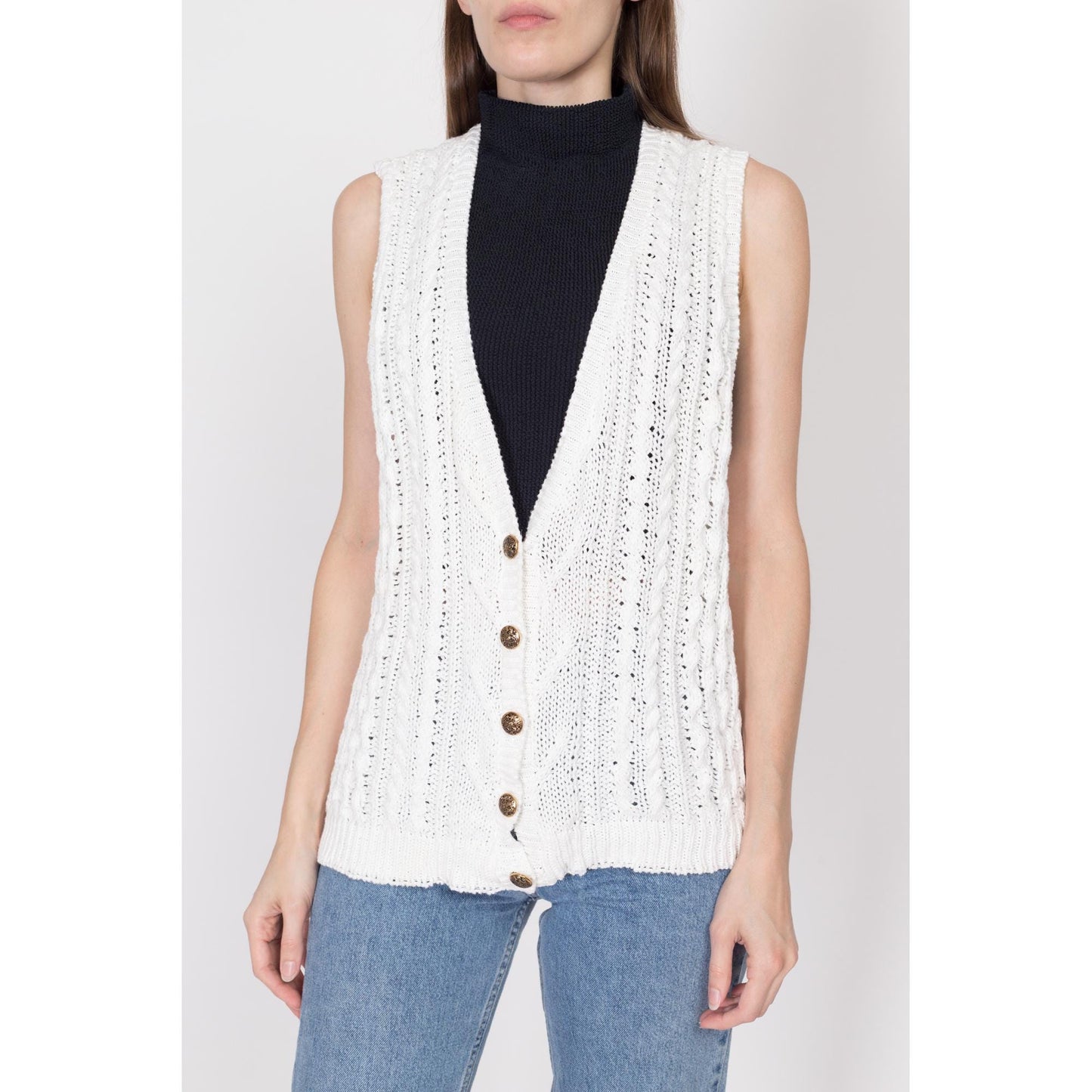 Medium 80s White Cotton Cable Knit Sweater Vest | Vintage Boho Button Up Sleeveless Cardigan