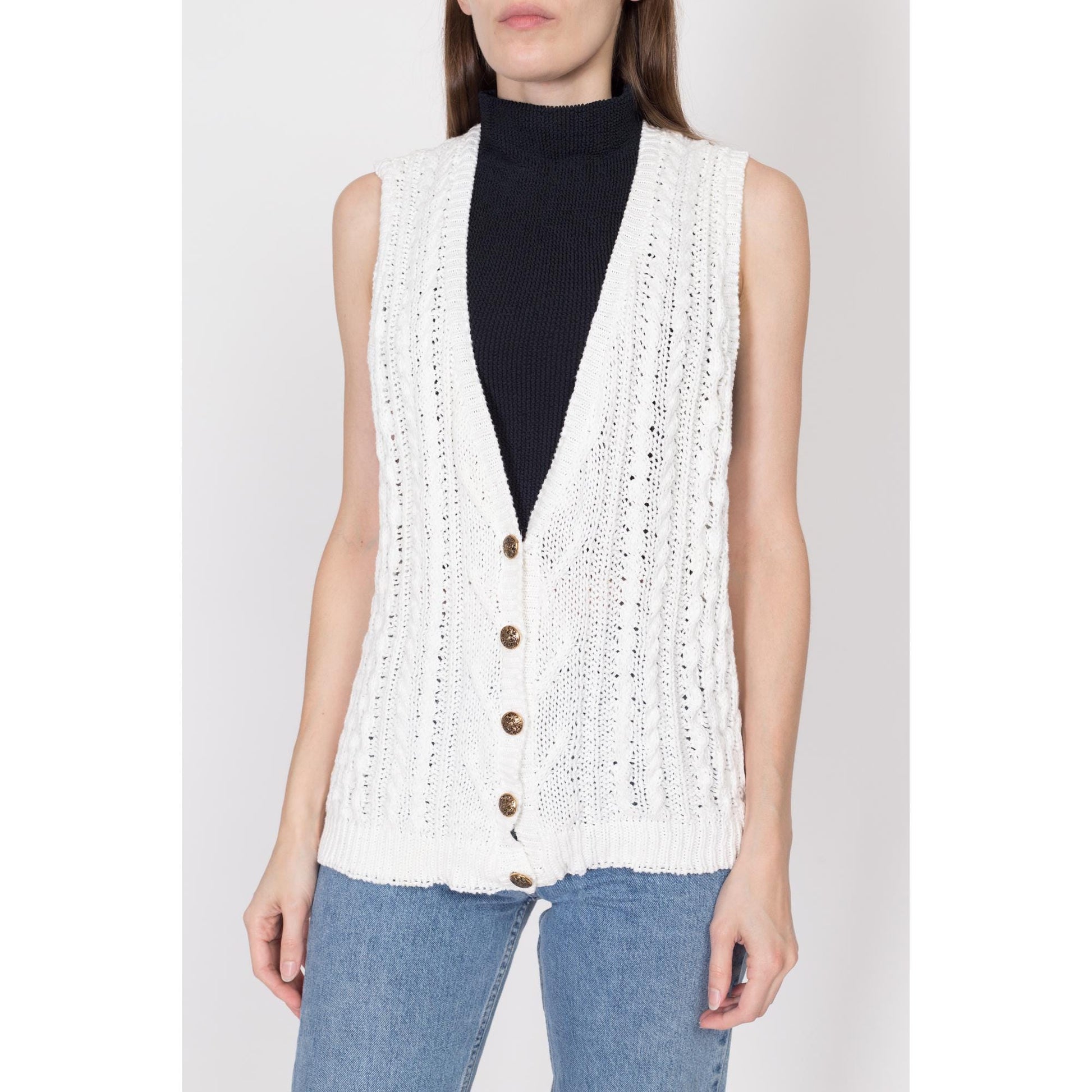 Medium 80s White Cotton Cable Knit Sweater Vest | Vintage Boho Button Up Sleeveless Cardigan