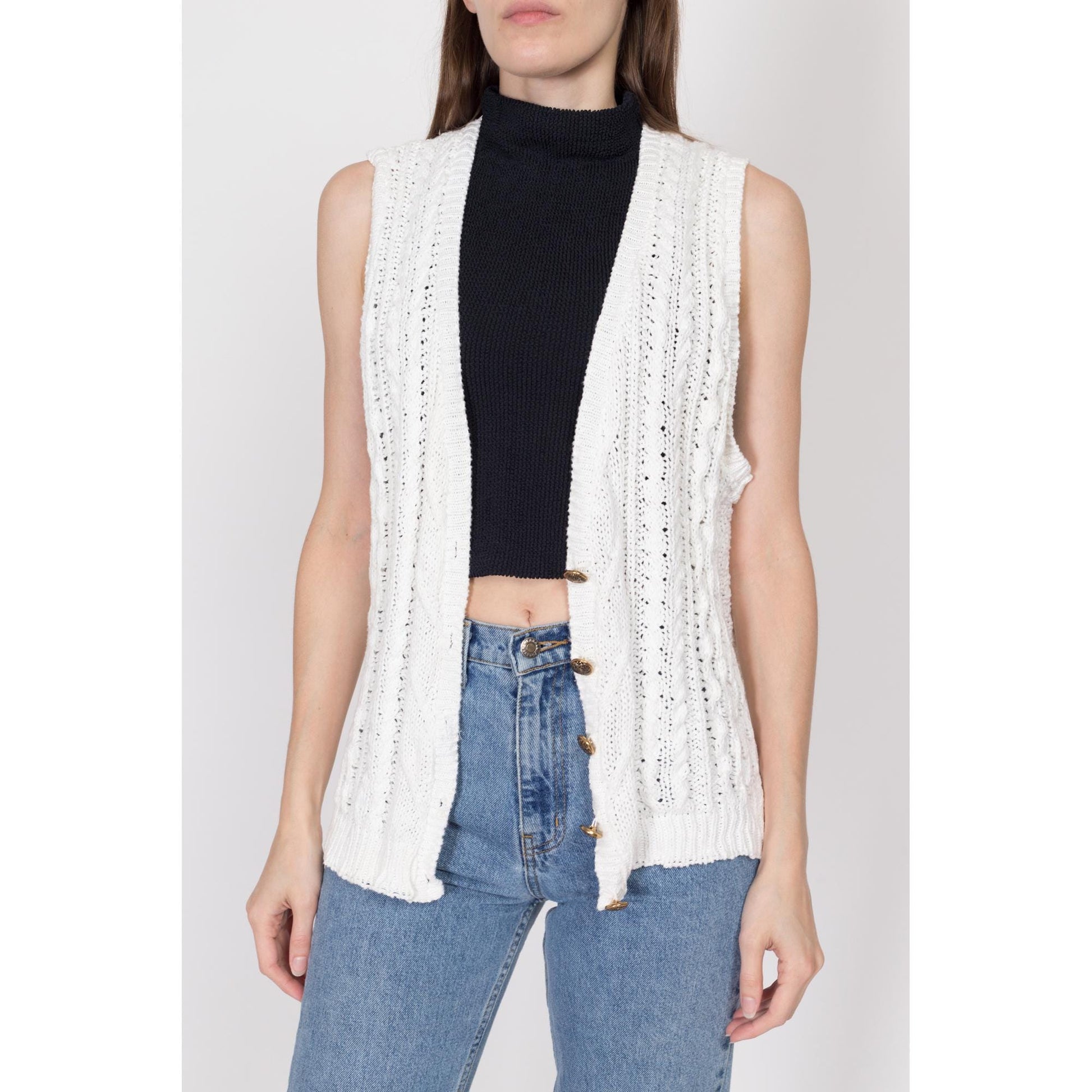 Medium 80s White Cotton Cable Knit Sweater Vest | Vintage Boho Button Up Sleeveless Cardigan