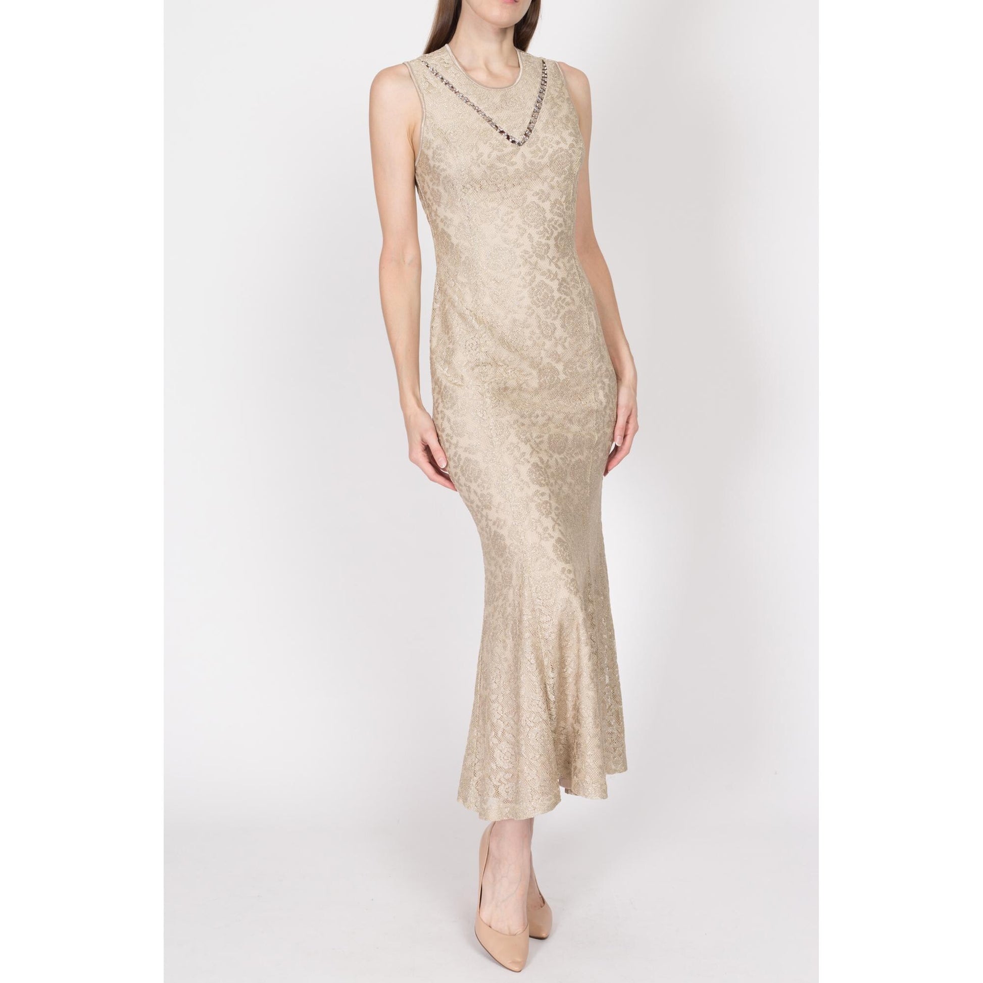 Medium 90s Champagne Metallic Trumpet Hem Maxi Dress | Vintage Rhinestone Trim Sleeveless Evening Gown