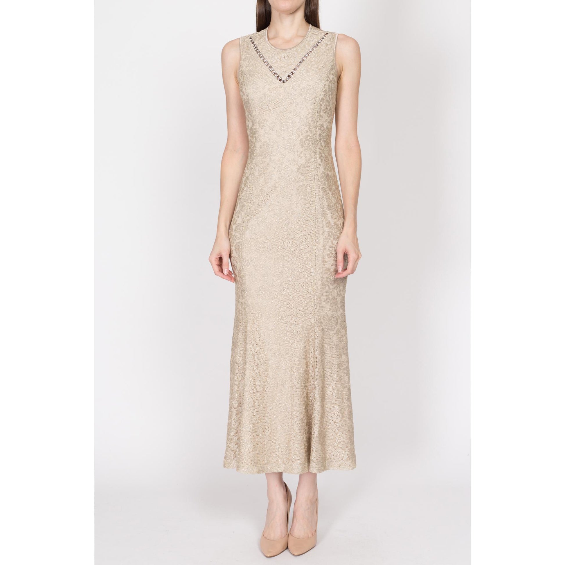 Medium 90s Champagne Metallic Trumpet Hem Maxi Dress | Vintage Rhinestone Trim Sleeveless Evening Gown