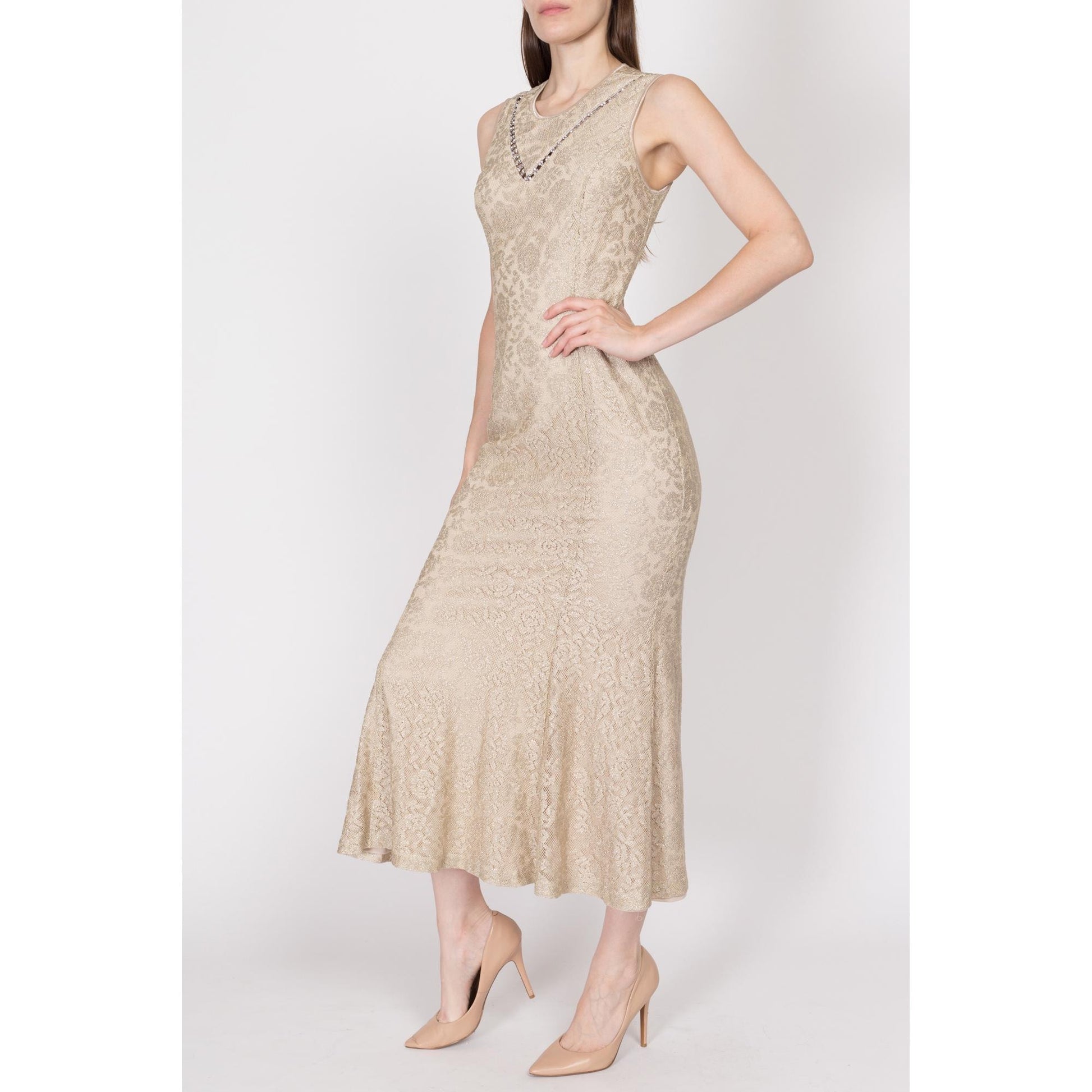 Medium 90s Champagne Metallic Trumpet Hem Maxi Dress | Vintage Rhinestone Trim Sleeveless Evening Gown