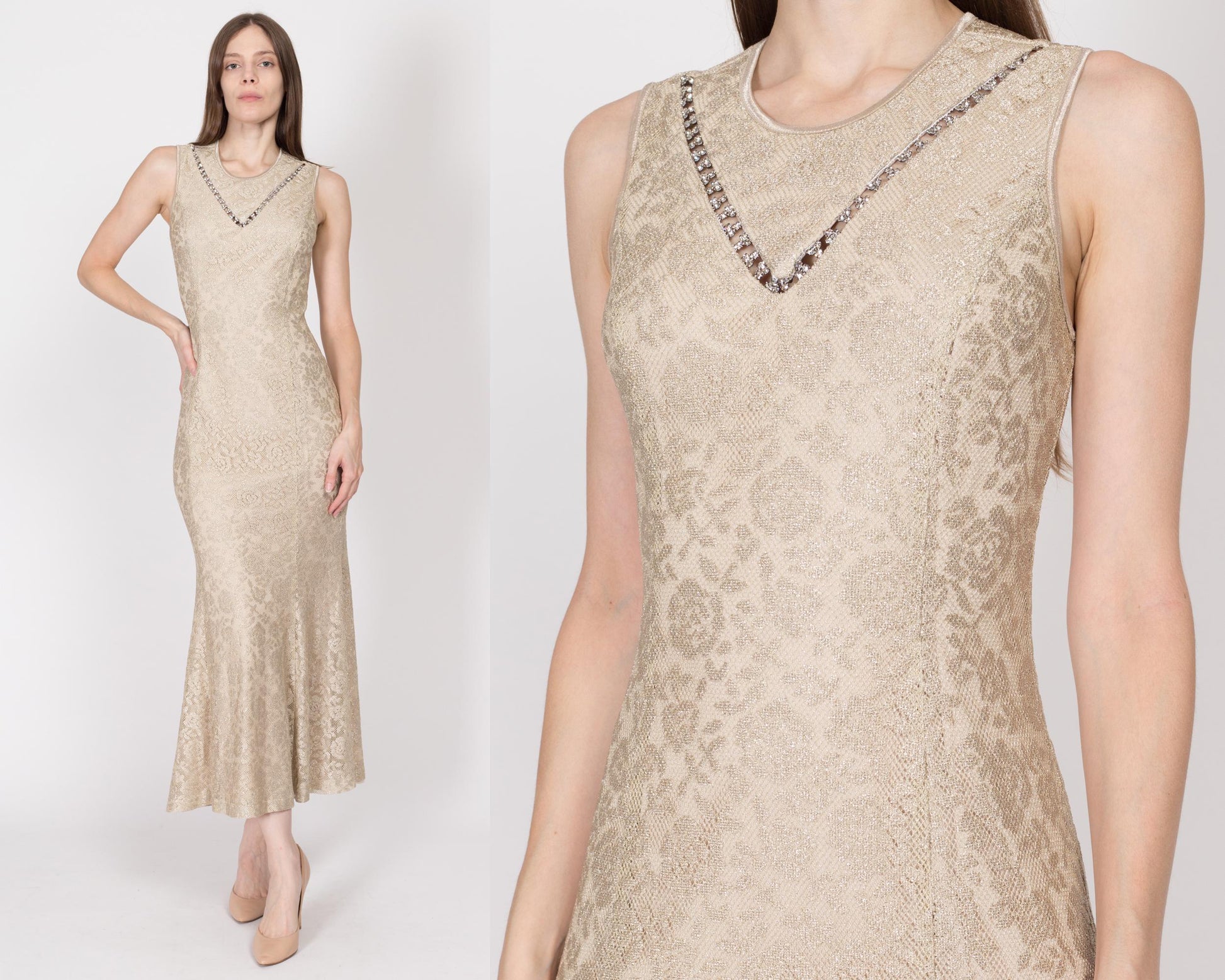 Medium 90s Champagne Metallic Trumpet Hem Maxi Dress | Vintage Rhinestone Trim Sleeveless Evening Gown