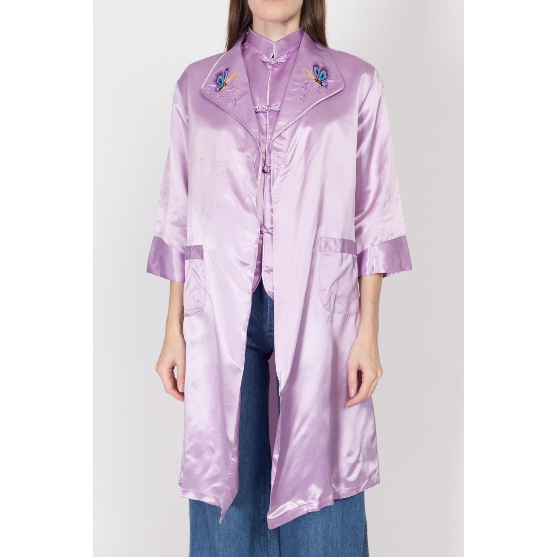 Small 80s Lilac Purple Satin Robe & Top | Vintage Embroidered Chinese Matching Loungewear Set