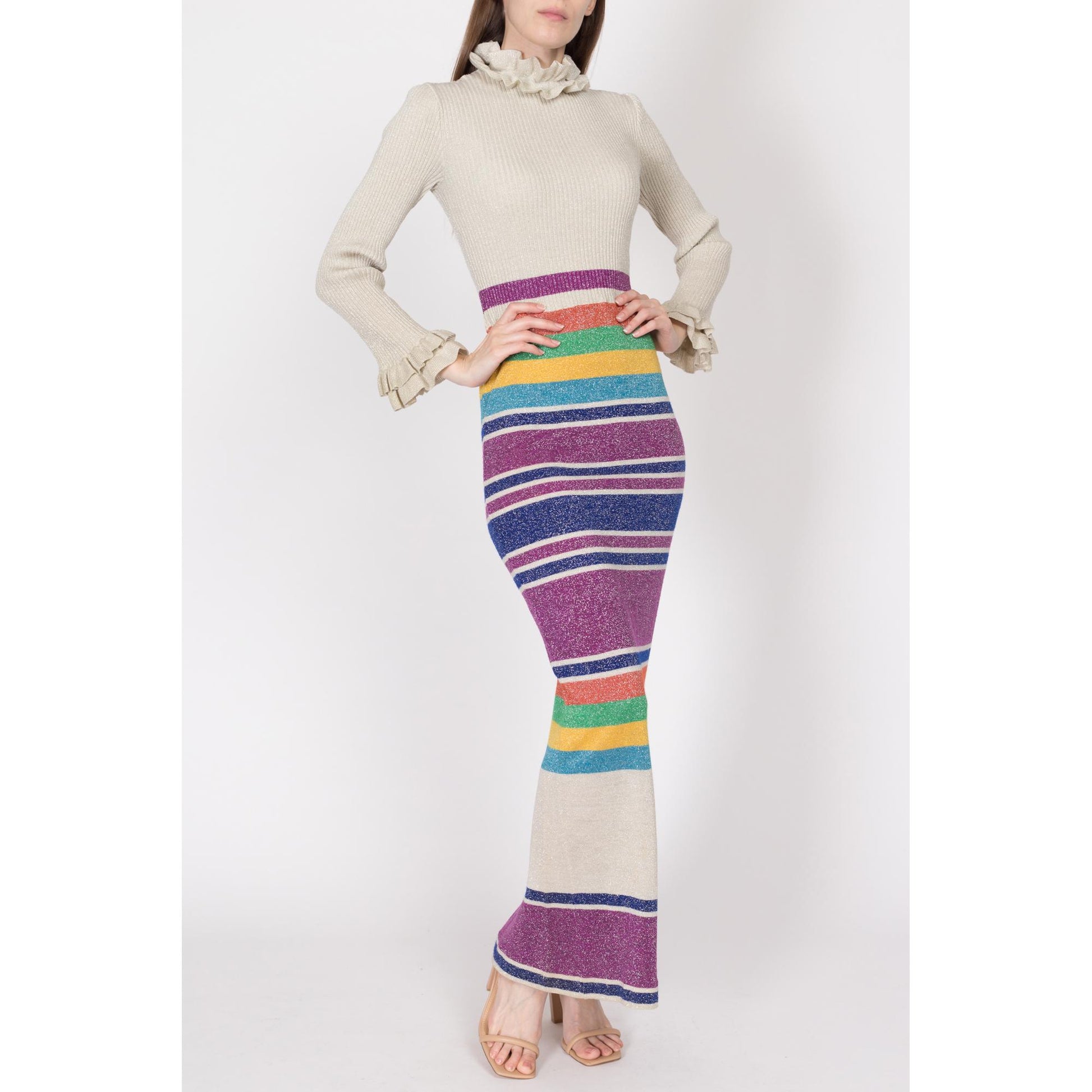 Sm-Med 70s Metallic Striped Knit Maxi Dress | Vintage Gianni Ferri Banff Lurex Long Sleeve Bodycon Ribbed Wool Disco Gown