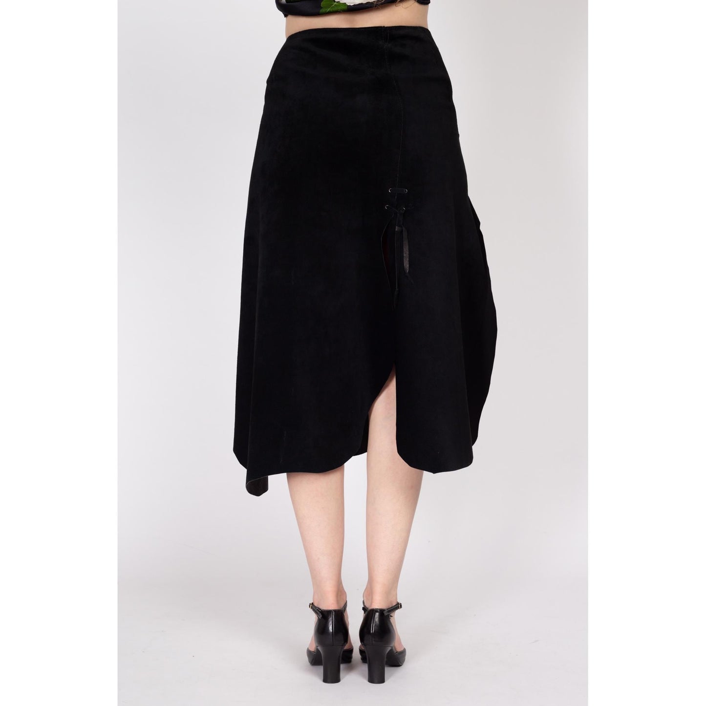 Small 90s Western Gothic Black Suede Midi Skirt | Vintage High Waisted A Line High Thigh Slit Skirt