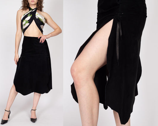 Small 90s Western Gothic Black Suede Midi Skirt | Vintage High Waisted A Line High Thigh Slit Skirt