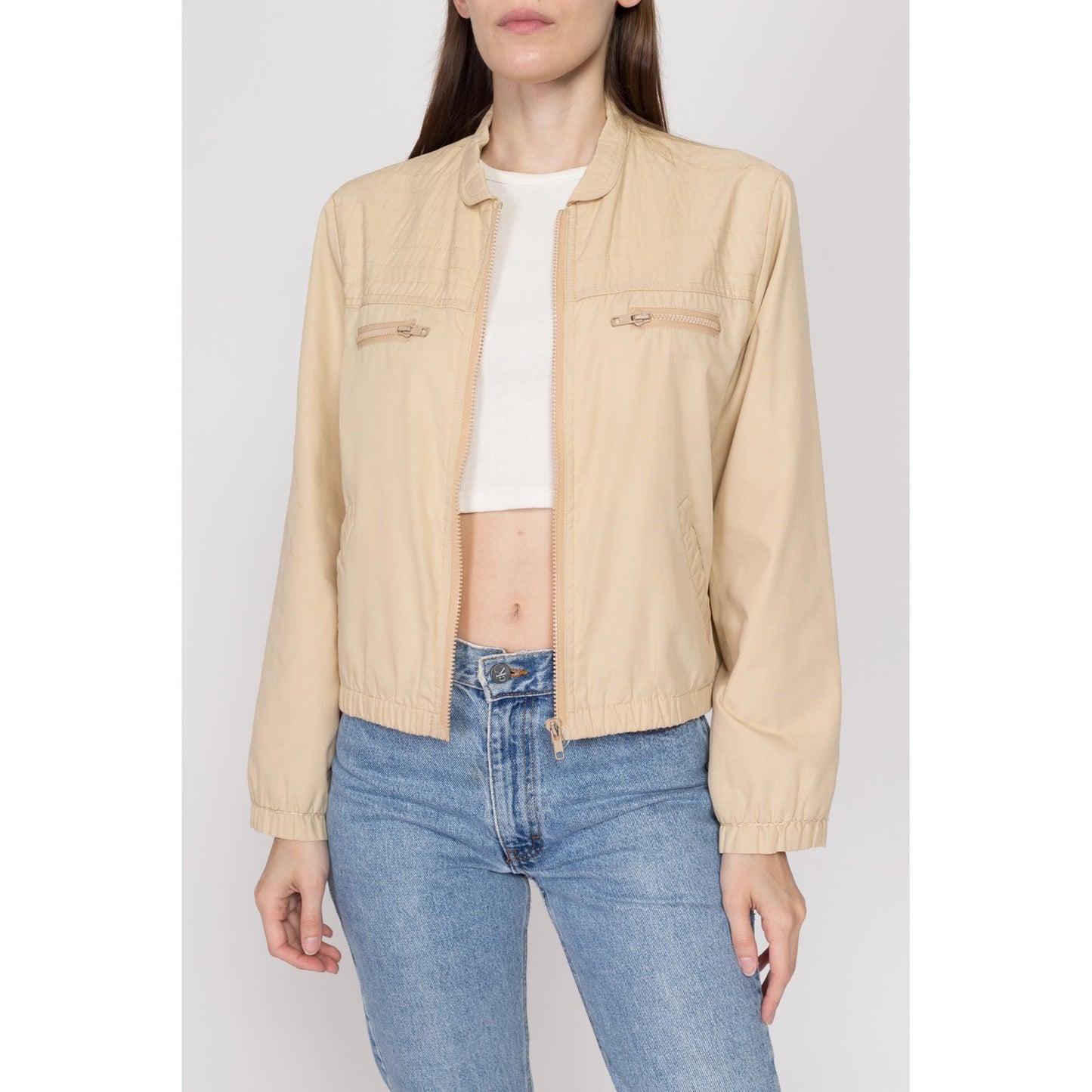 Large 80s Khaki Windbreaker Jacket | Vintage Lightweight Zip Up Minimalist Jacket