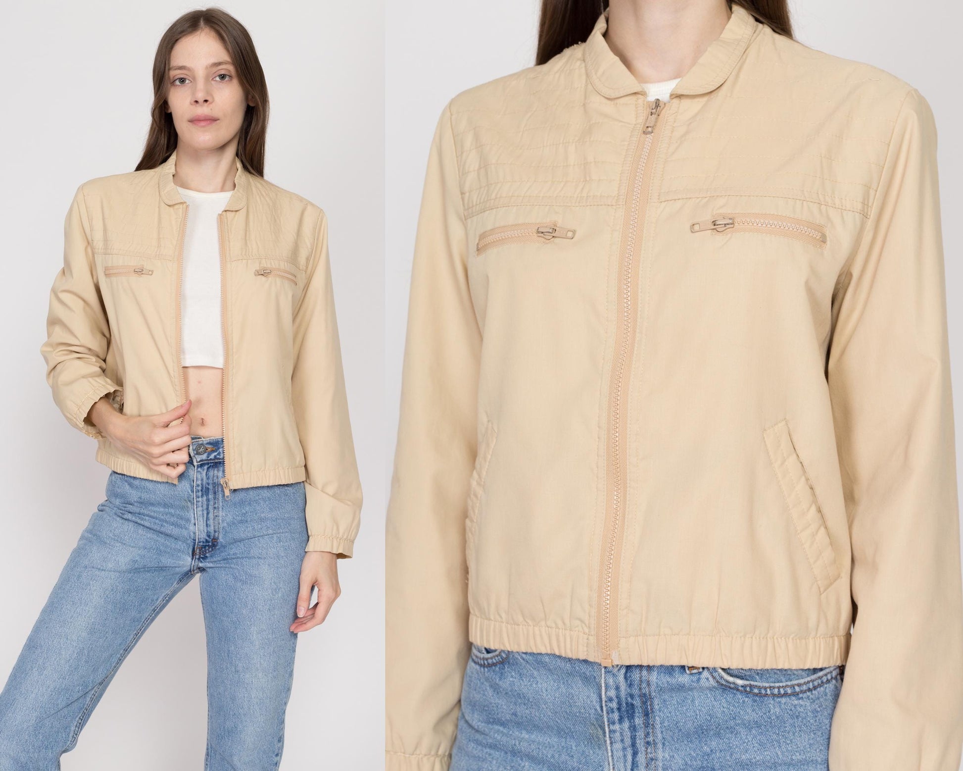 Large 80s Khaki Windbreaker Jacket | Vintage Lightweight Zip Up Minimalist Jacket