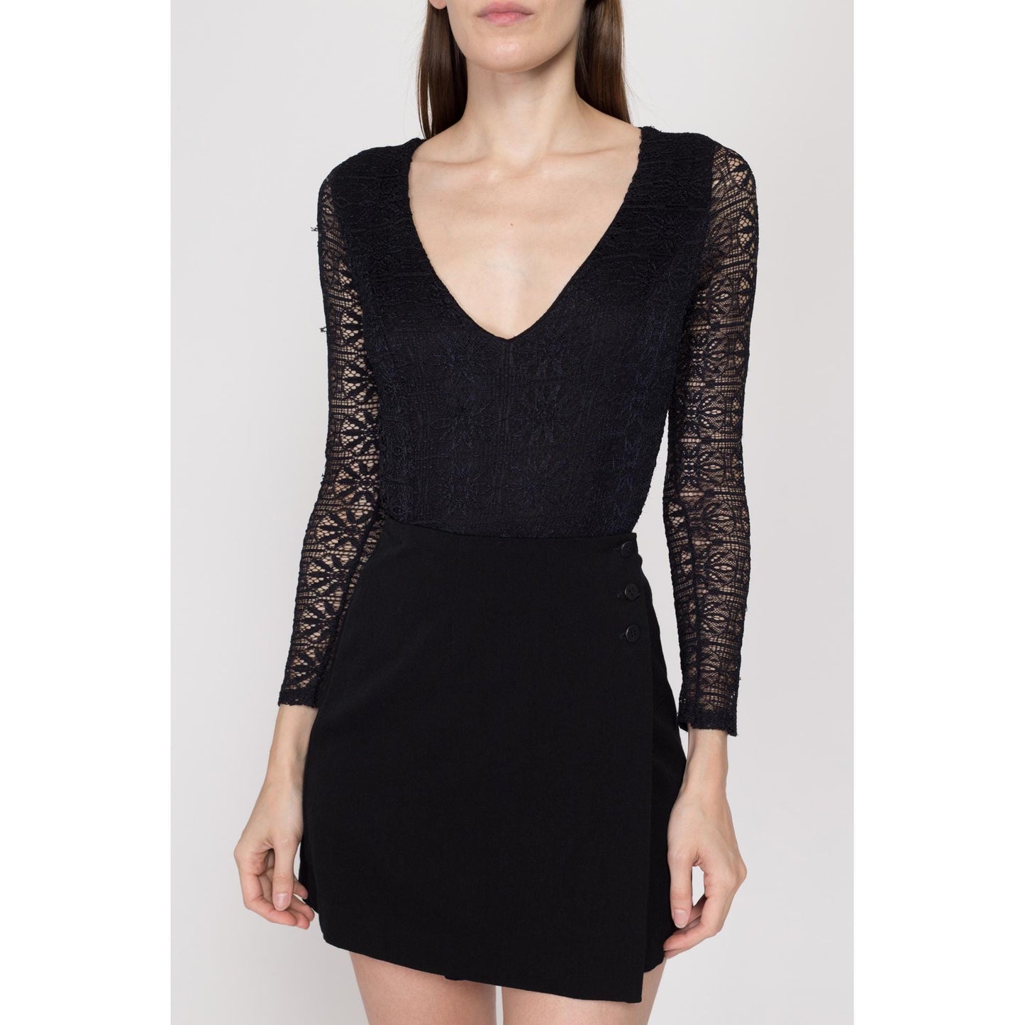 XS-Sm 90s Black Lace Bodysuit Top | Vintage Gothic V Neck Long Sleeve One Piece