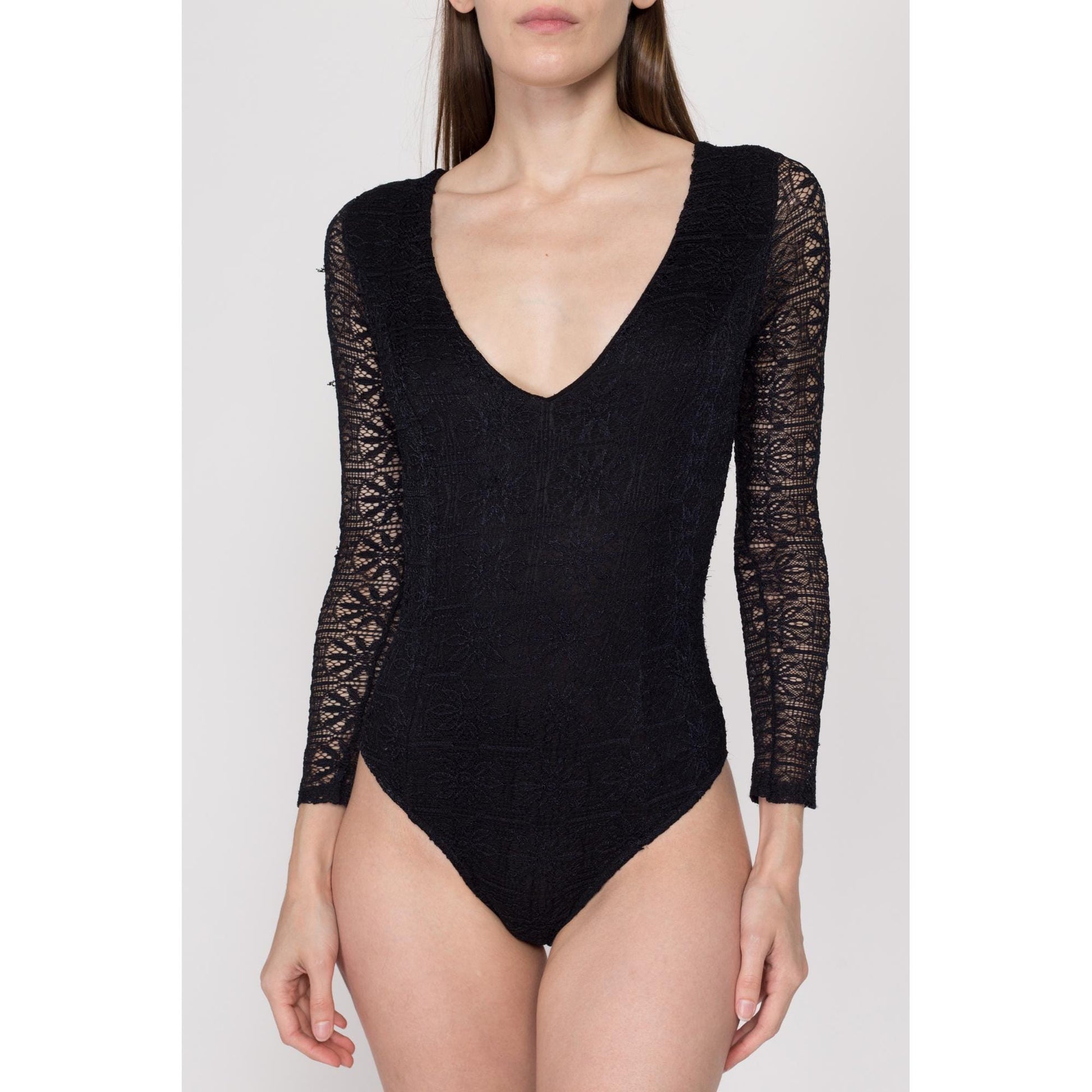 XS-Sm 90s Black Lace Bodysuit Top | Vintage Gothic V Neck Long Sleeve One Piece