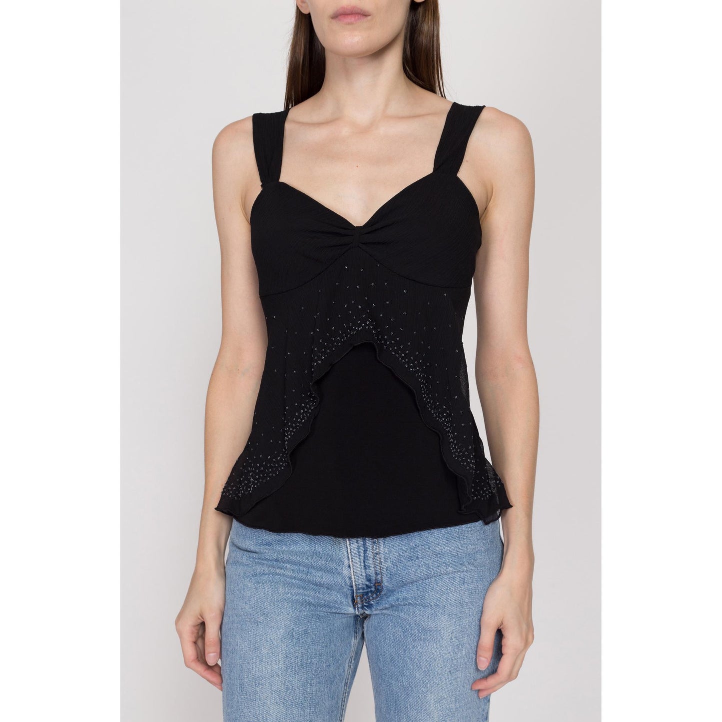Small 90s Black Beaded Split Hem Top | Vintage Sleeveless Sheer Overlay Club Blouse