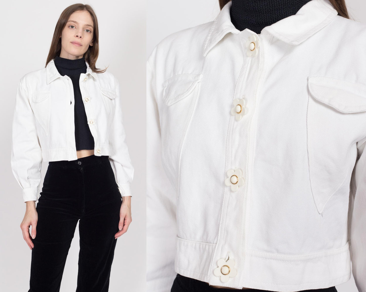 Small 90s White Flower Button Cropped Denim Jacket | Vintage Daisy Floral Rave Wear Jean Jacket