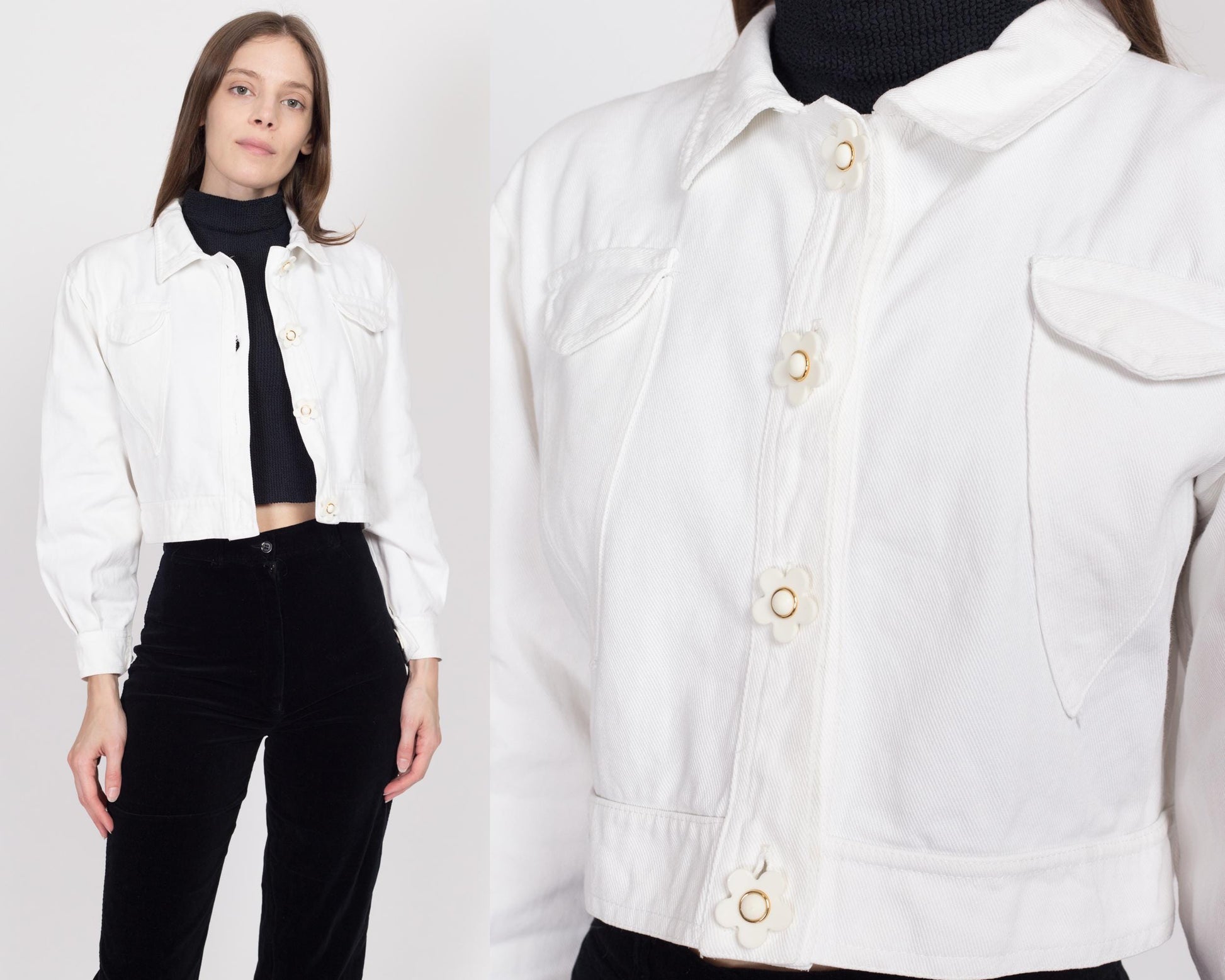 Small 90s White Flower Button Cropped Denim Jacket | Vintage Daisy Floral Rave Wear Jean Jacket