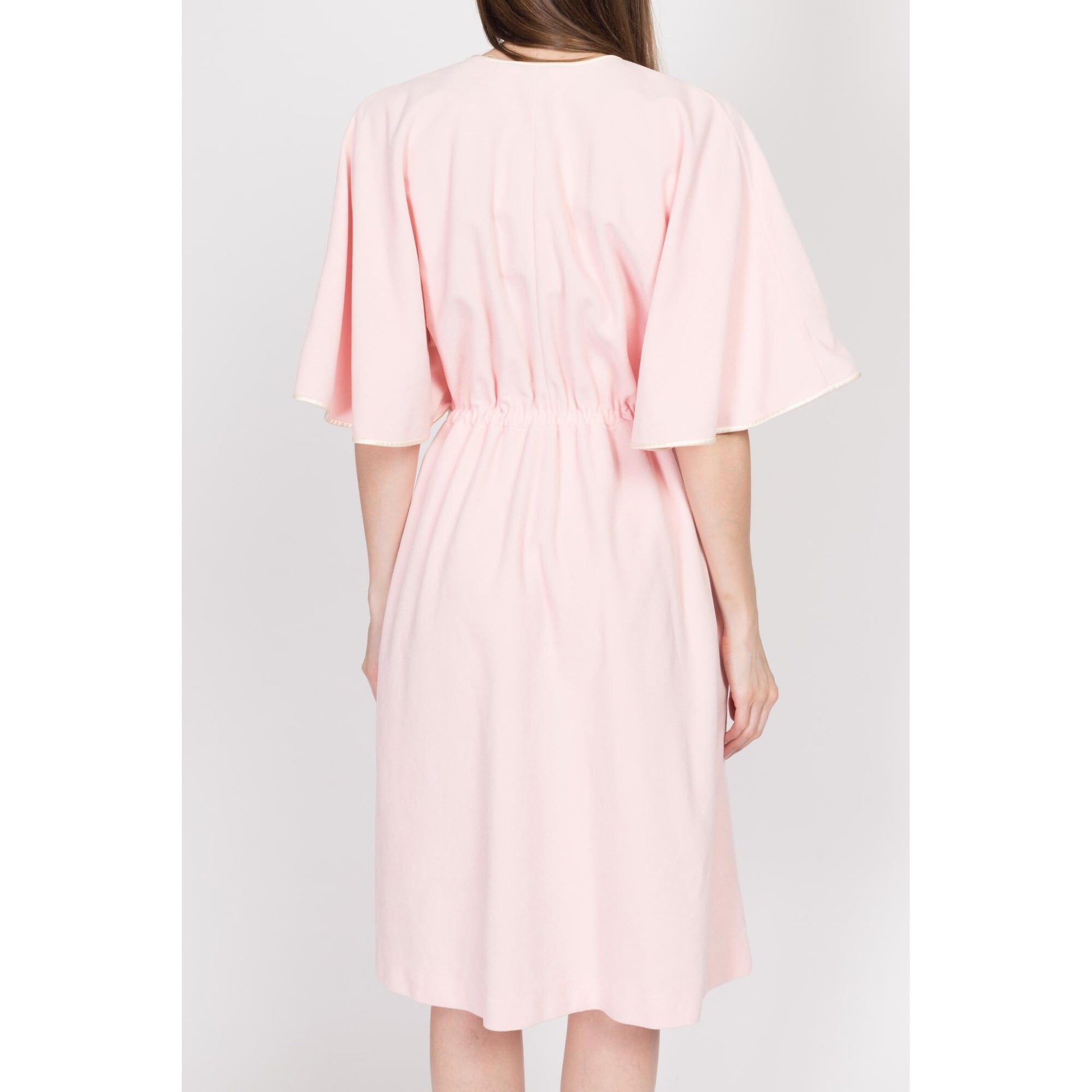 Medium 70s Pink Velour Midi Loungewear House Dress | Vintage Vanity Fair Zip Up Flutter Sleeve Dressing Gown Robe