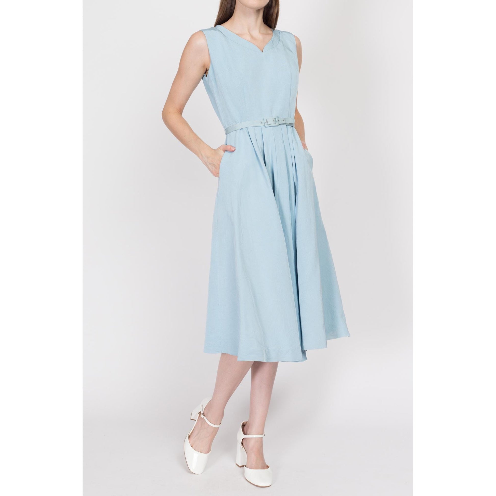 XS 190s Blue Midi Dress & Jacket Set, As Is | Vintage 50s Cropped Blazer Matching Two Piece Suit Outfit