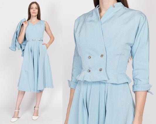 XS 190s Blue Midi Dress & Jacket Set, As Is | Vintage 50s Cropped Blazer Matching Two Piece Suit Outfit