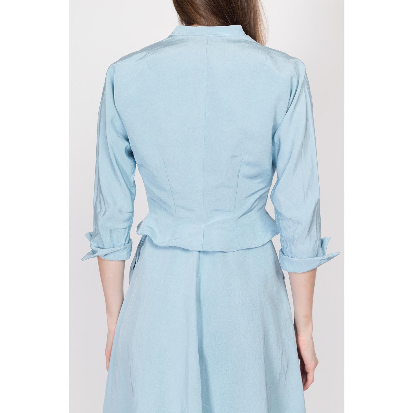 XS 190s Blue Midi Dress & Jacket Set, As Is | Vintage 50s Cropped Blazer Matching Two Piece Suit Outfit