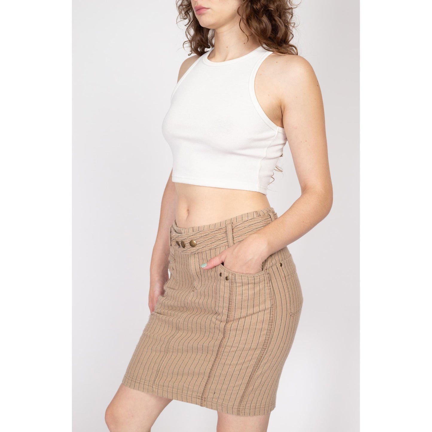 Small 90s Y2K Pinstriped Low Rise Mini Skirt | Vintage Belted Stretchy Cotton Blend Fitted Pencil Skirt