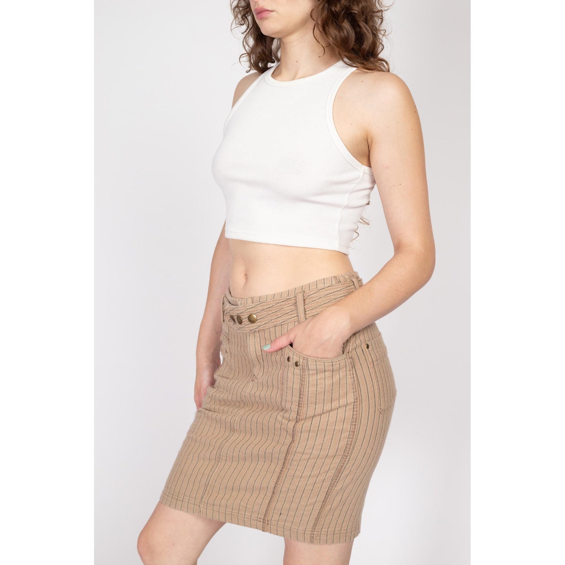 Small 90s Y2K Pinstriped Low Rise Mini Skirt | Vintage Belted Stretchy Cotton Blend Fitted Pencil Skirt