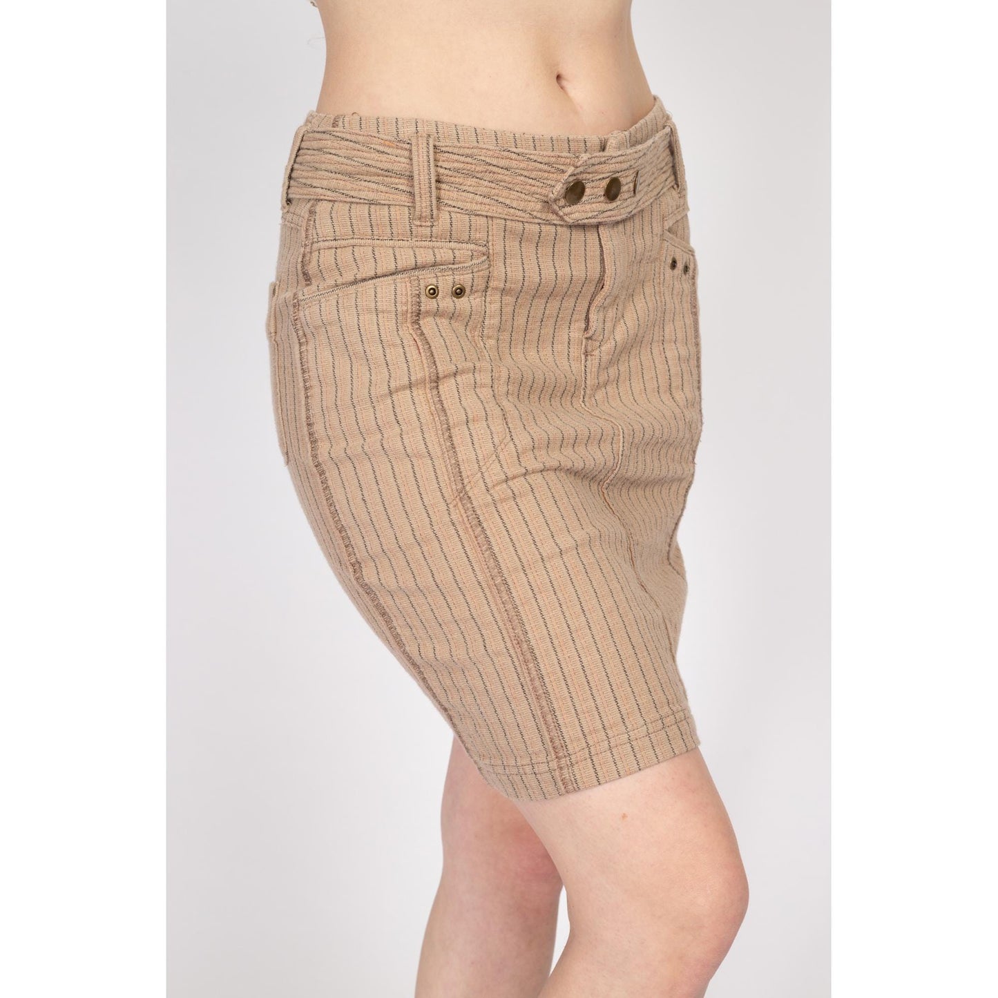 Small 90s Y2K Pinstriped Low Rise Mini Skirt | Vintage Belted Stretchy Cotton Blend Fitted Pencil Skirt