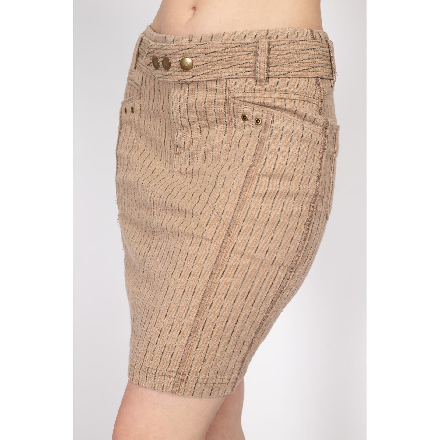Small 90s Y2K Pinstriped Low Rise Mini Skirt | Vintage Belted Stretchy Cotton Blend Fitted Pencil Skirt