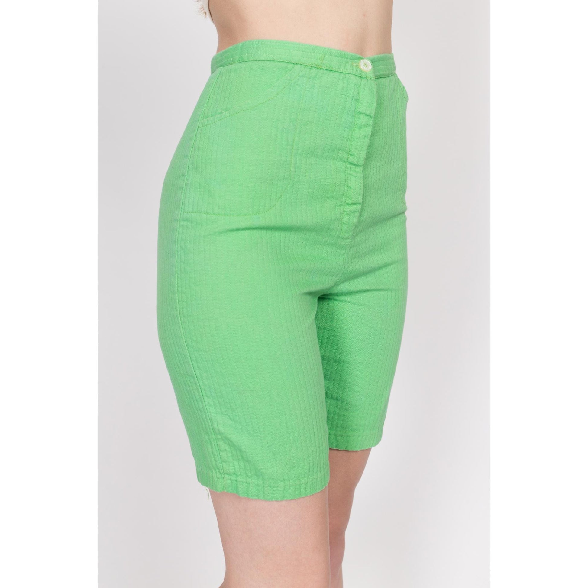 XS 60s Lime Green Bermuda Shorts 24" | Vintage High Waisted Long Inseam Casual Shorts