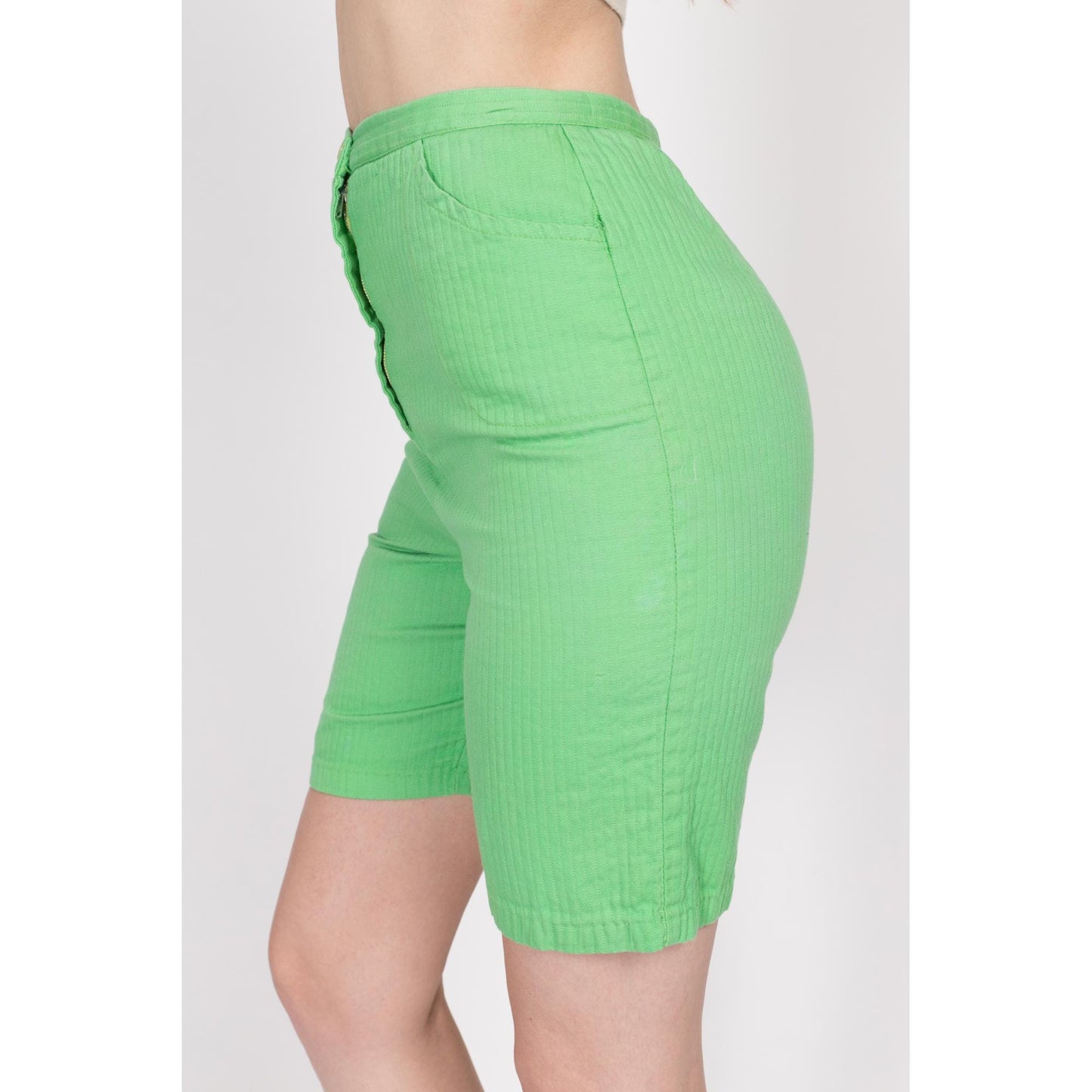XS 60s Lime Green Bermuda Shorts 24" | Vintage High Waisted Long Inseam Casual Shorts