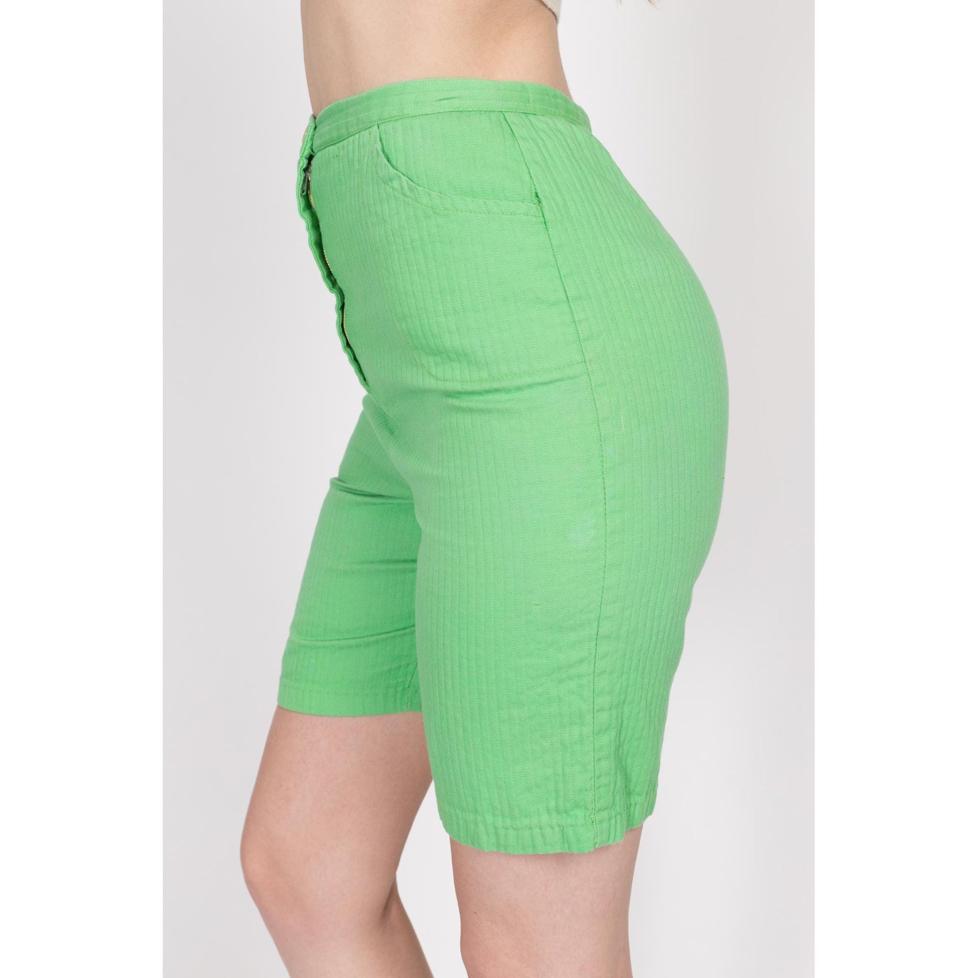 XS 60s Lime Green Bermuda Shorts 24" | Vintage High Waisted Long Inseam Casual Shorts