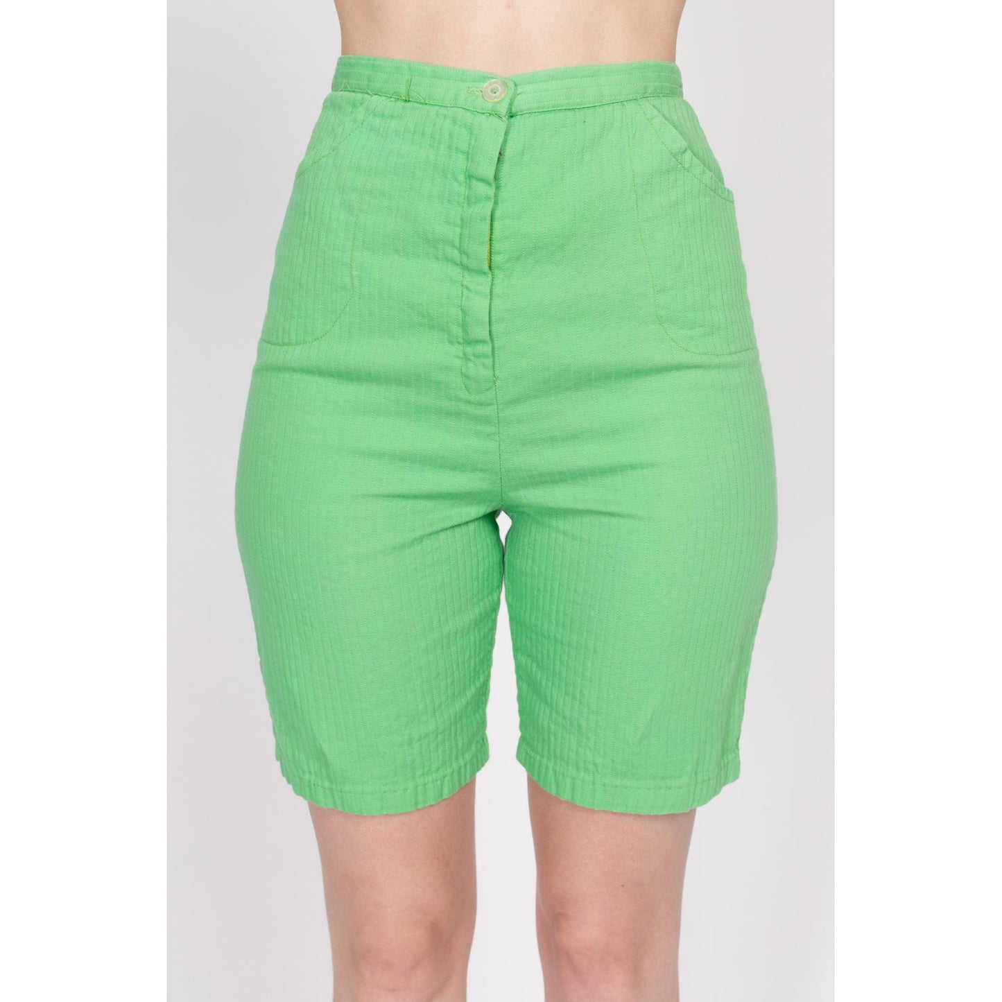XS 60s Lime Green Bermuda Shorts 24" | Vintage High Waisted Long Inseam Casual Shorts