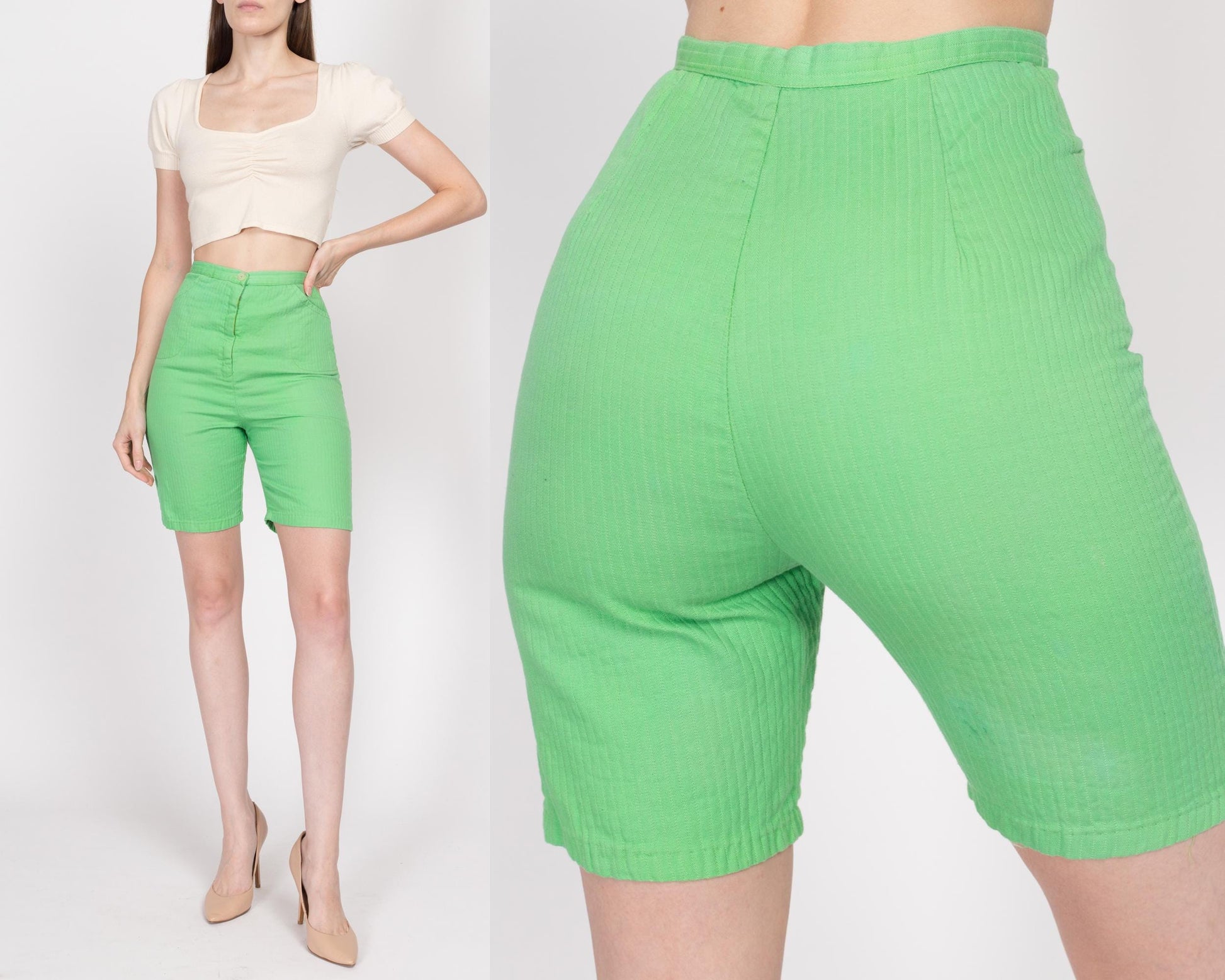 XS 60s Lime Green Bermuda Shorts 24" | Vintage High Waisted Long Inseam Casual Shorts