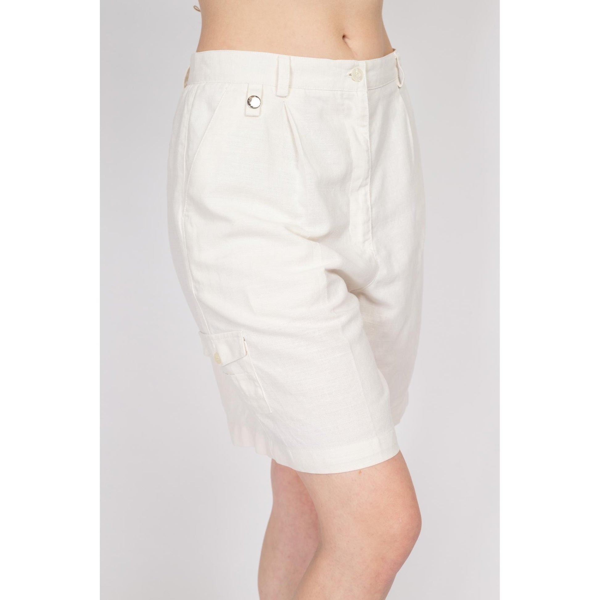 Med-Lrg 90s Liz Claiborne White Linen Blend Shorts 30" | Vintage Lizgolf High Waisted Casual Mom Shorts