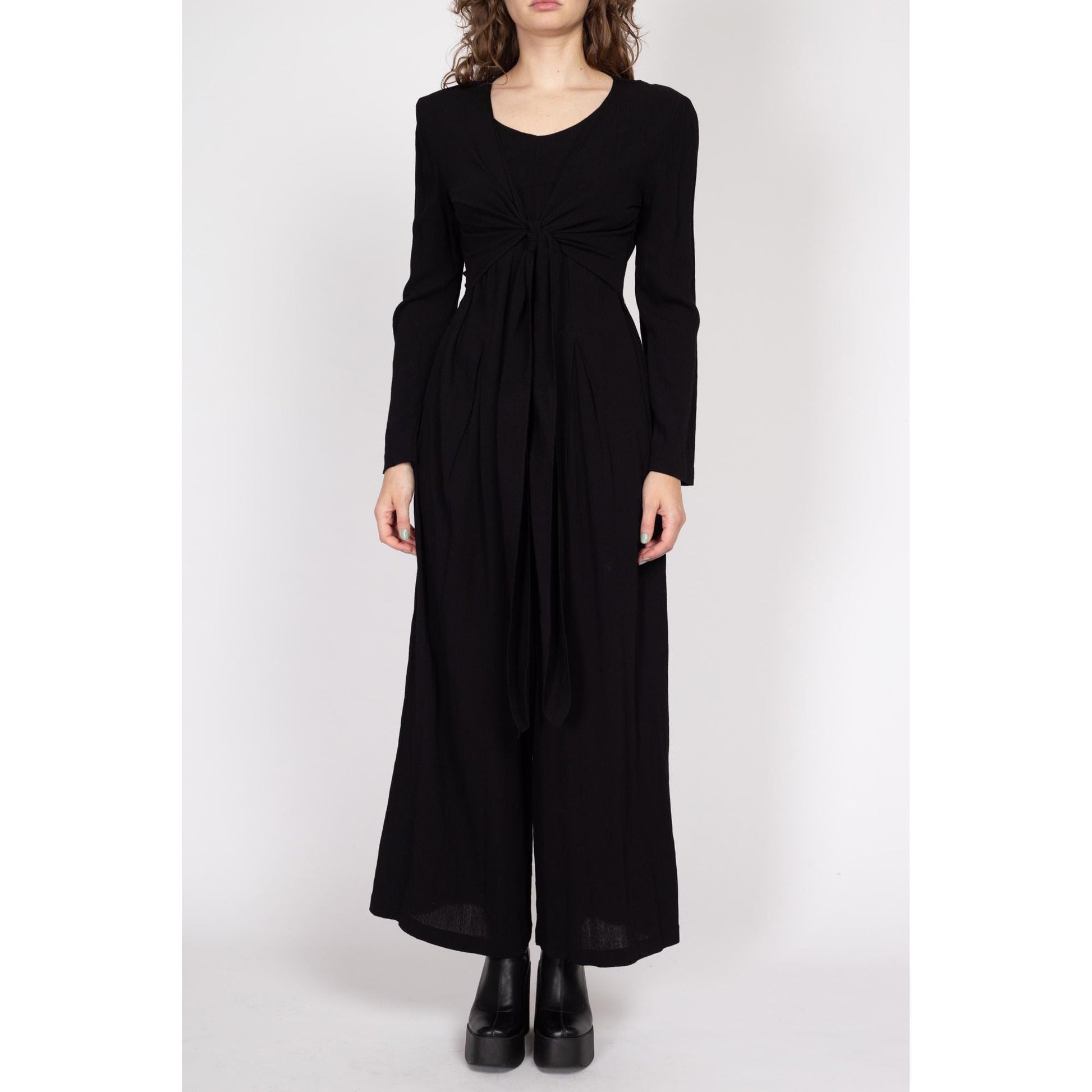 Medium 90s Black Wide Leg Tie Front Jumpsuit | Boho Vintage Long Sleeve Pantsuit