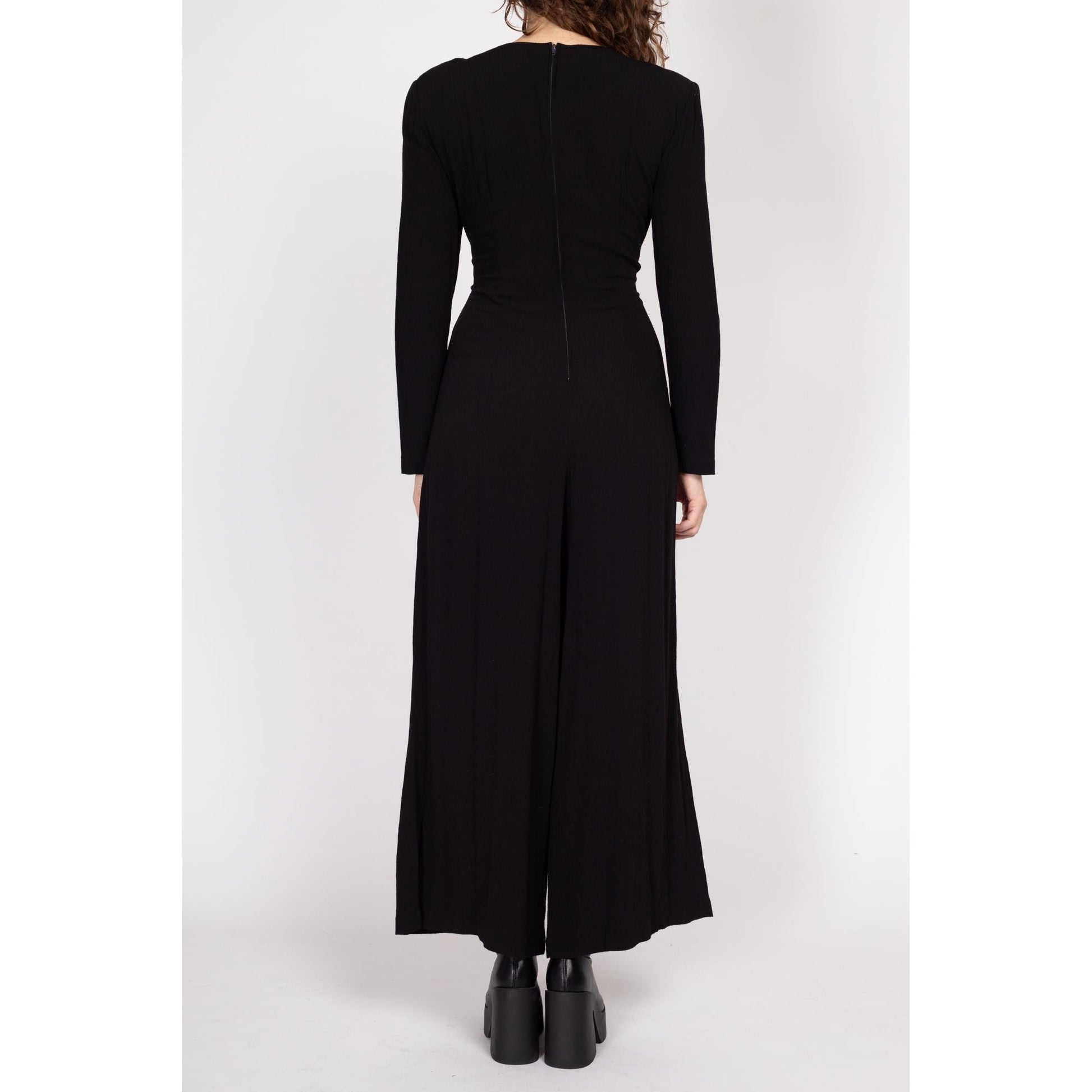 Medium 90s Black Wide Leg Tie Front Jumpsuit | Boho Vintage Long Sleeve Pantsuit