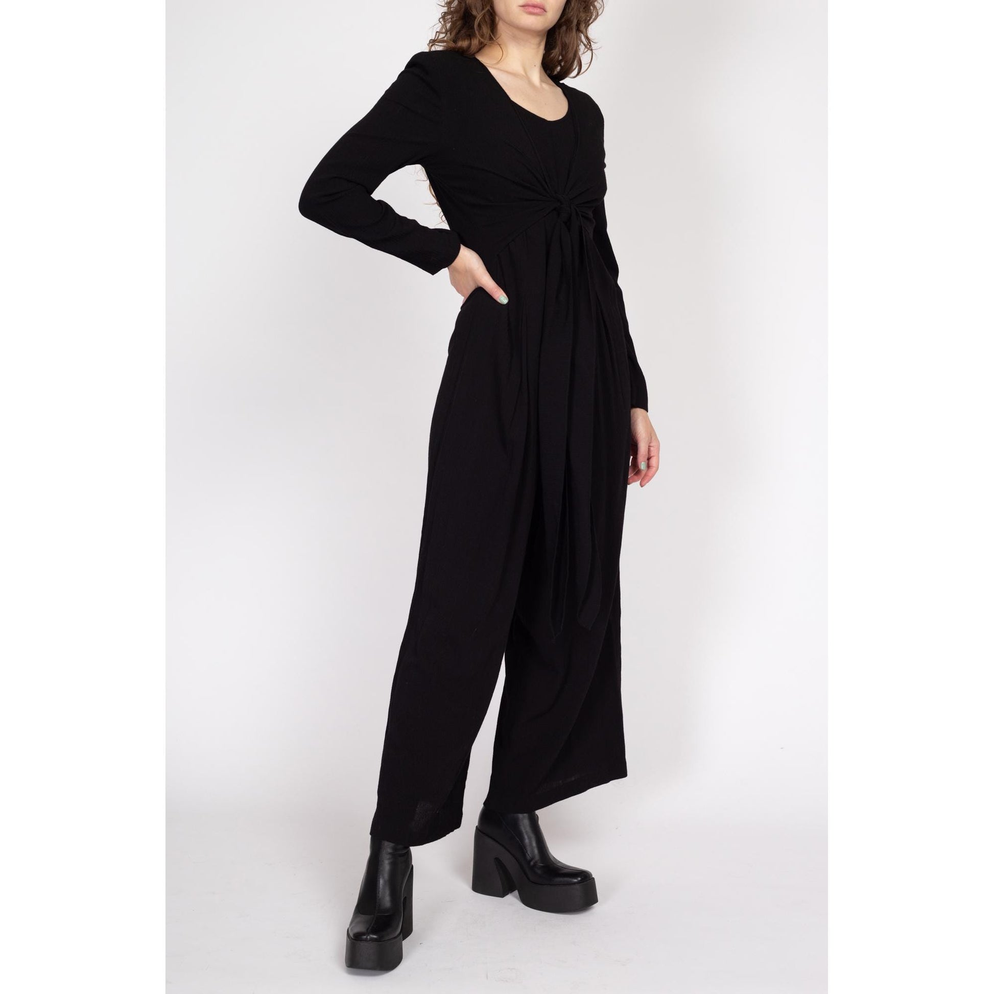 Medium 90s Black Wide Leg Tie Front Jumpsuit | Boho Vintage Long Sleeve Pantsuit