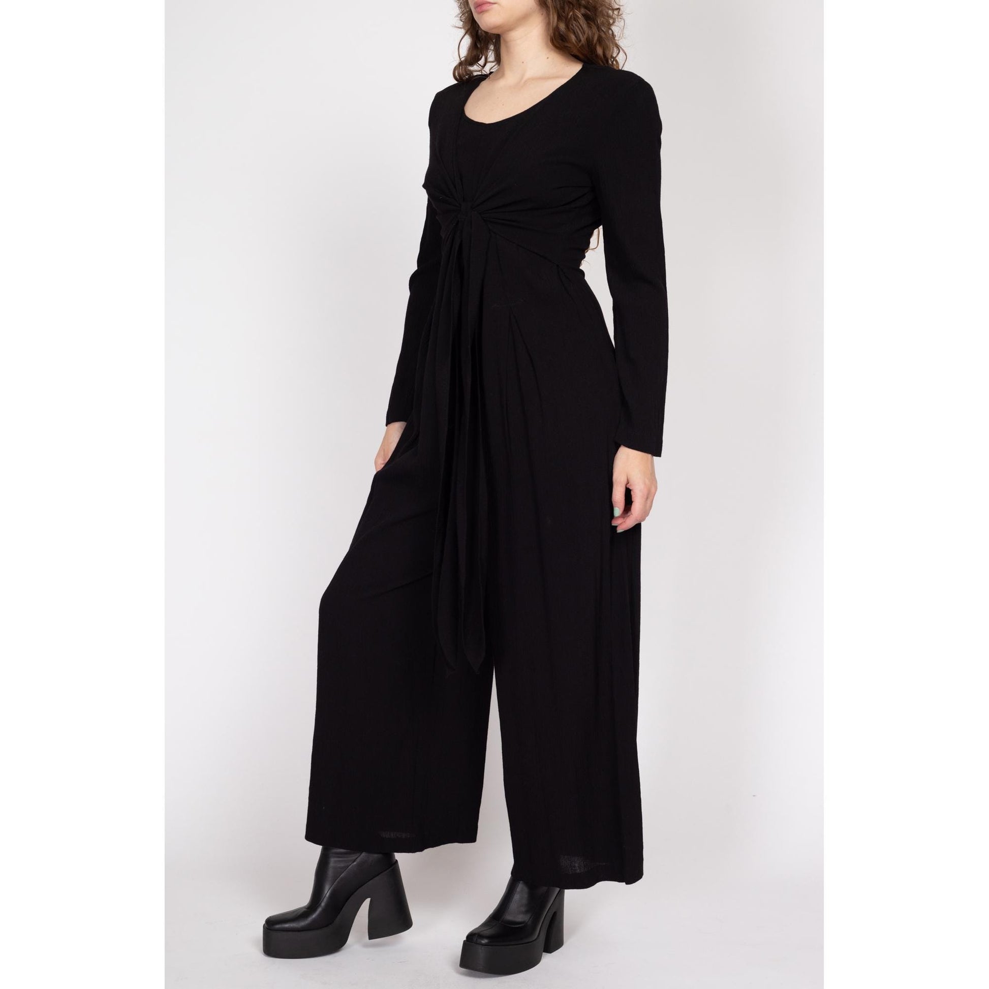 Medium 90s Black Wide Leg Tie Front Jumpsuit | Boho Vintage Long Sleeve Pantsuit