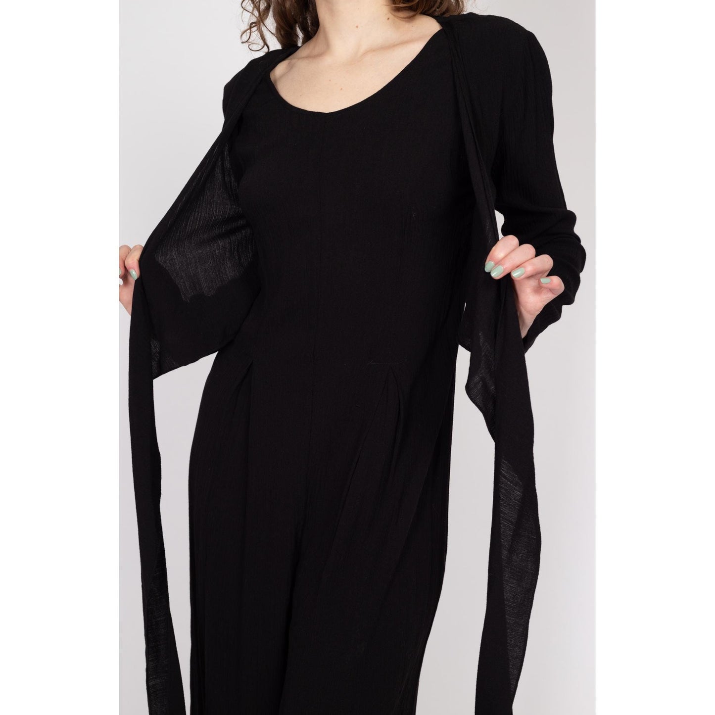 Medium 90s Black Wide Leg Tie Front Jumpsuit | Boho Vintage Long Sleeve Pantsuit