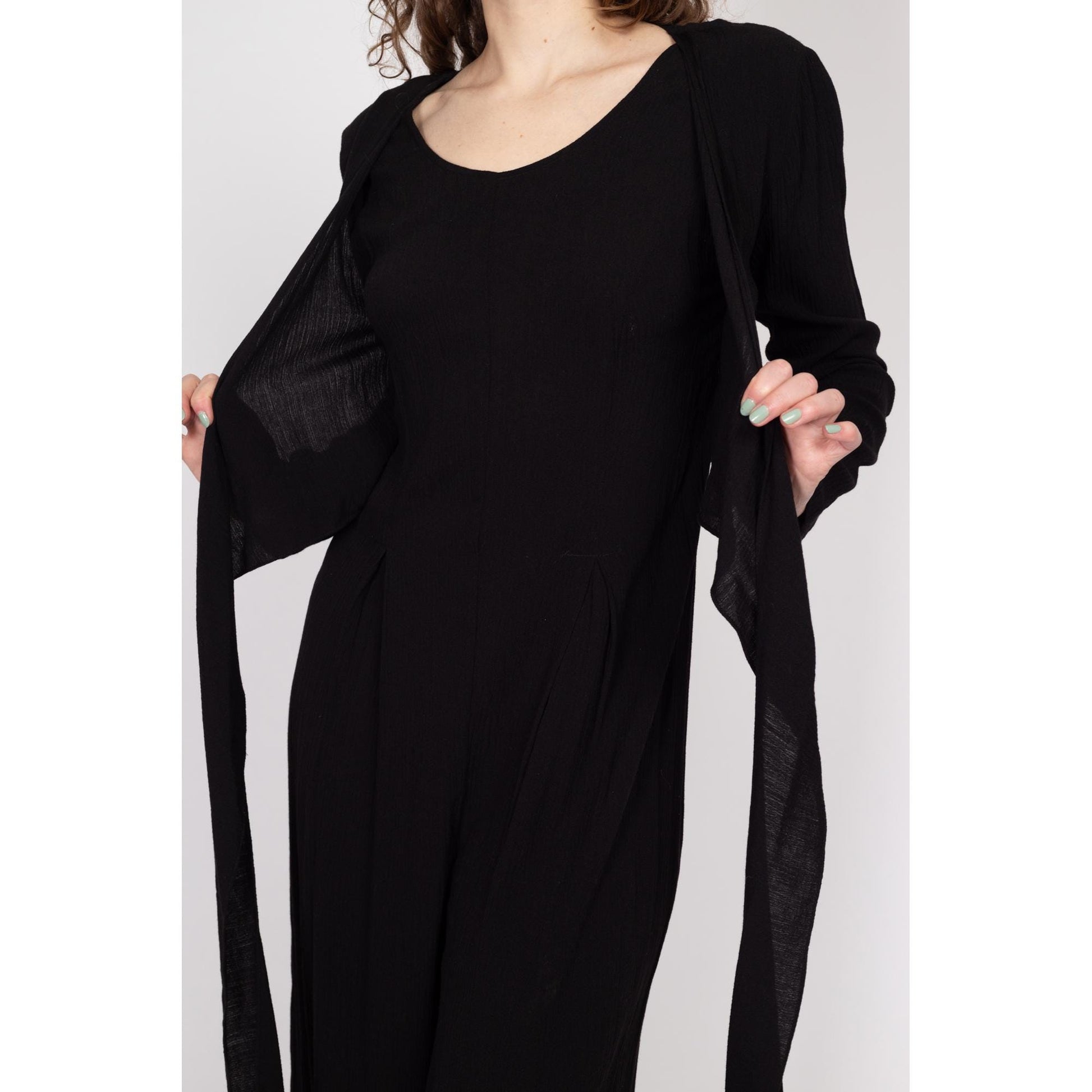 Medium 90s Black Wide Leg Tie Front Jumpsuit | Boho Vintage Long Sleeve Pantsuit
