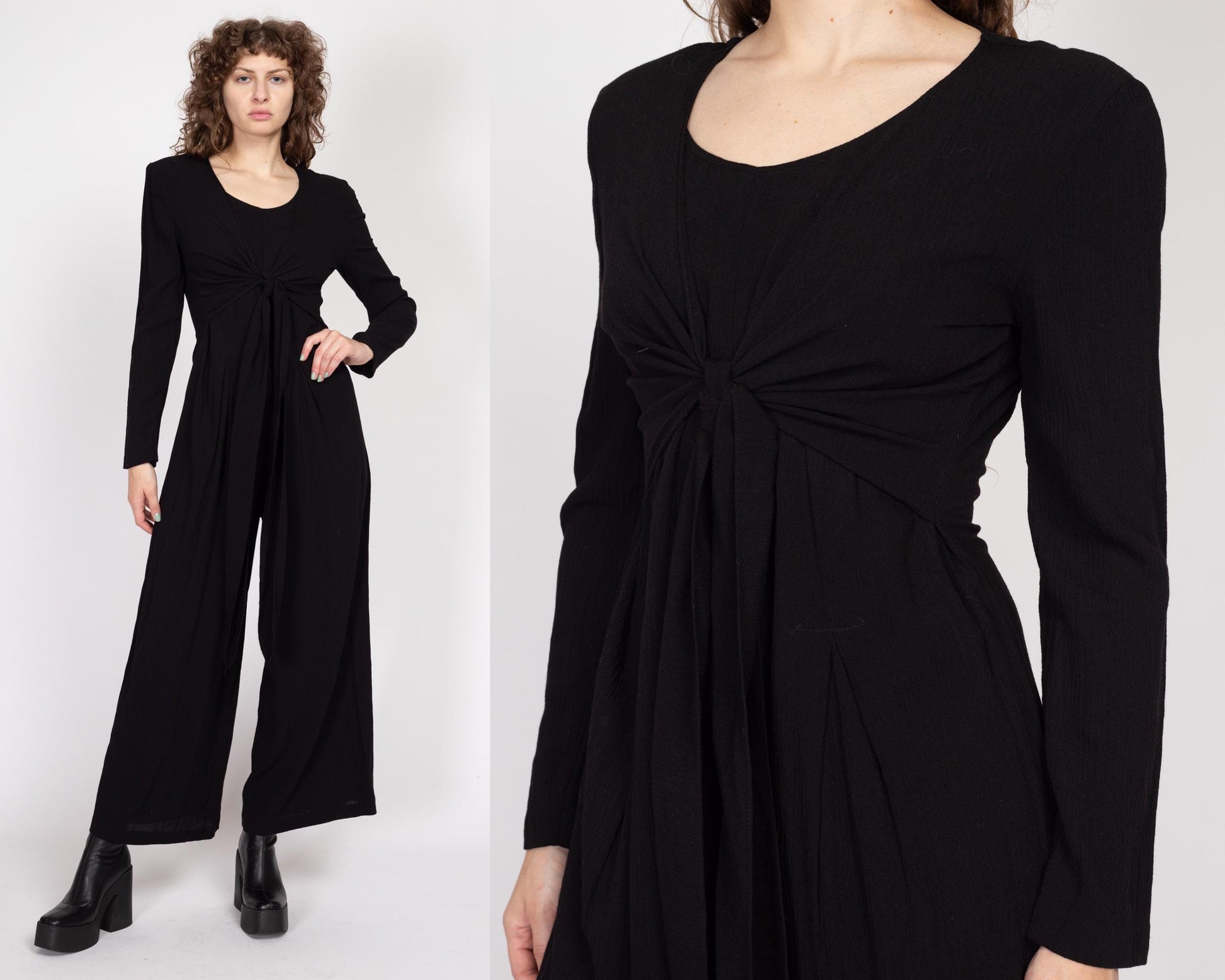 Medium 90s Black Wide Leg Tie Front Jumpsuit | Boho Vintage Long Sleeve Pantsuit