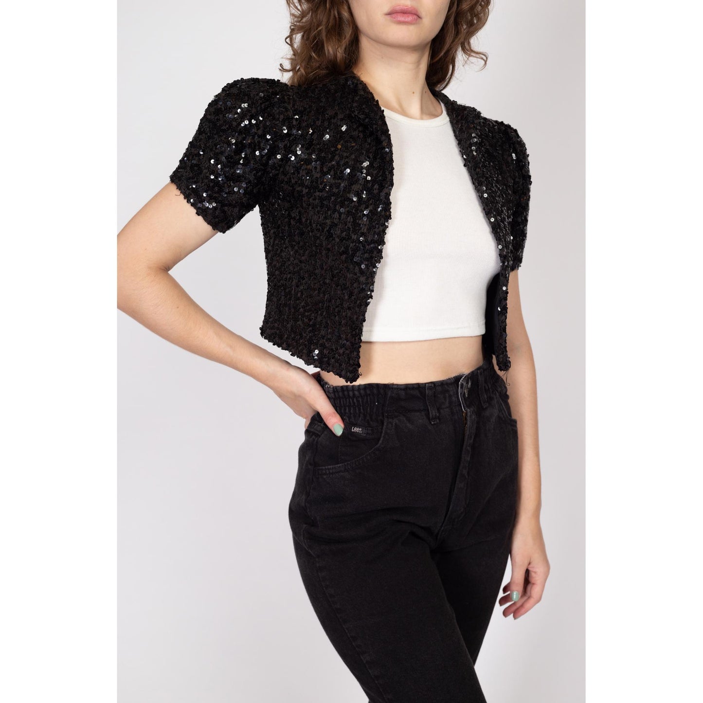 XS 1950s Black Sequin Cropped Bolero | Vintage Short Sleeve Open Fit Crop Jacket