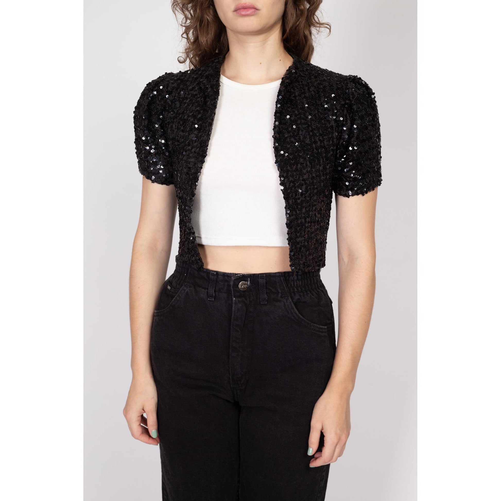 XS 1950s Black Sequin Cropped Bolero | Vintage Short Sleeve Open Fit Crop Jacket