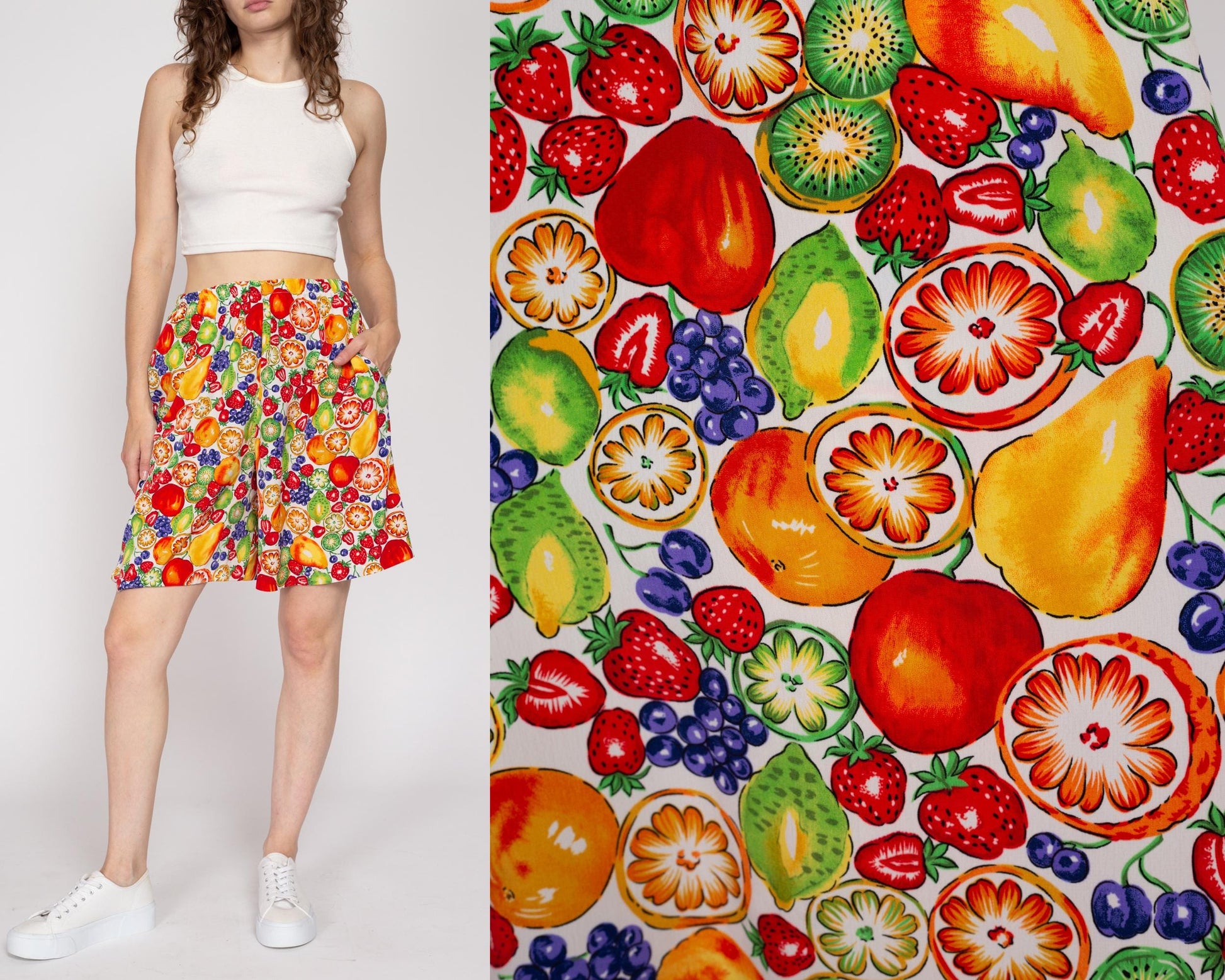 Med-Lrg 80s Fruit Print High Waisted Wide Leg Shorts | Vintage Long Inseam Pocket Mom Shorts