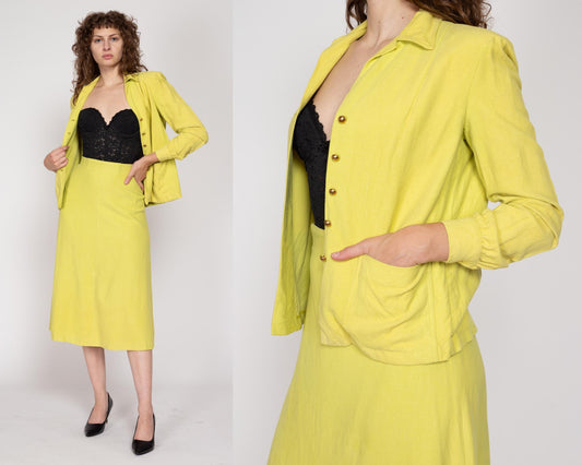 Small 1940s Chartreuse Jackshirt & Midi Skirt Set 25.5" | Vintage 40s Matching Two Piece Suit Outfit